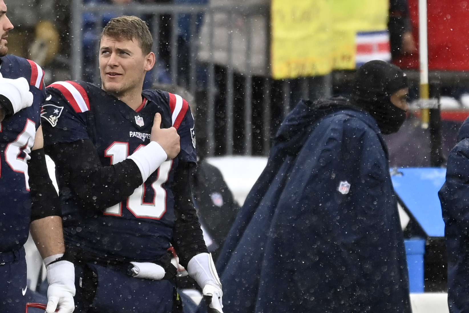 FOXBOROUGH, MASSACHUSETTS - JANUARY 7: Mac Jones #10 of the New England Patriots looks on during a game against the New York Jets at Gillette Stadium on January 7, 2024 in Foxborough, Massachusetts. Billie Weiss/Getty Images