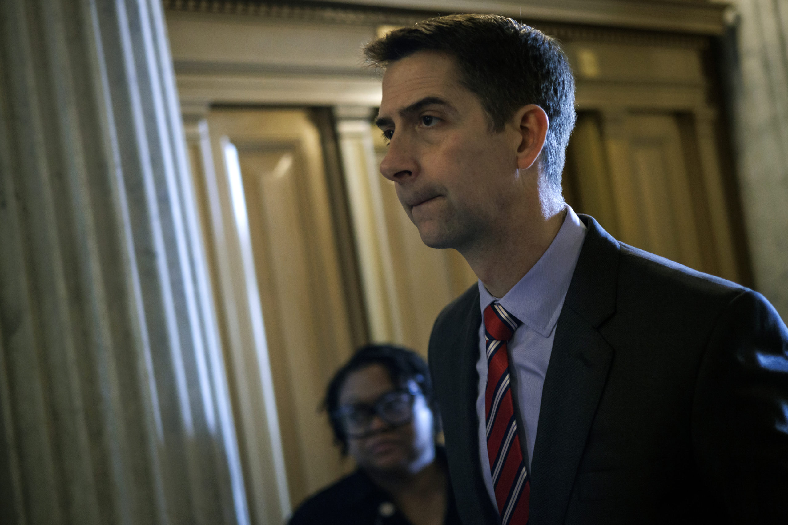 WASHINGTON, DC - JANUARY 23: U.S. Senator Tom Cotton (R-AR) heads to the Senate floor for a vote on January 23, 2024 in Washington, DC. Negotiations over border security, military aid to Ukraine and Israel, and the government budget continue this week on Capitol Hill. (Photo by Samuel Corum/Getty Images)