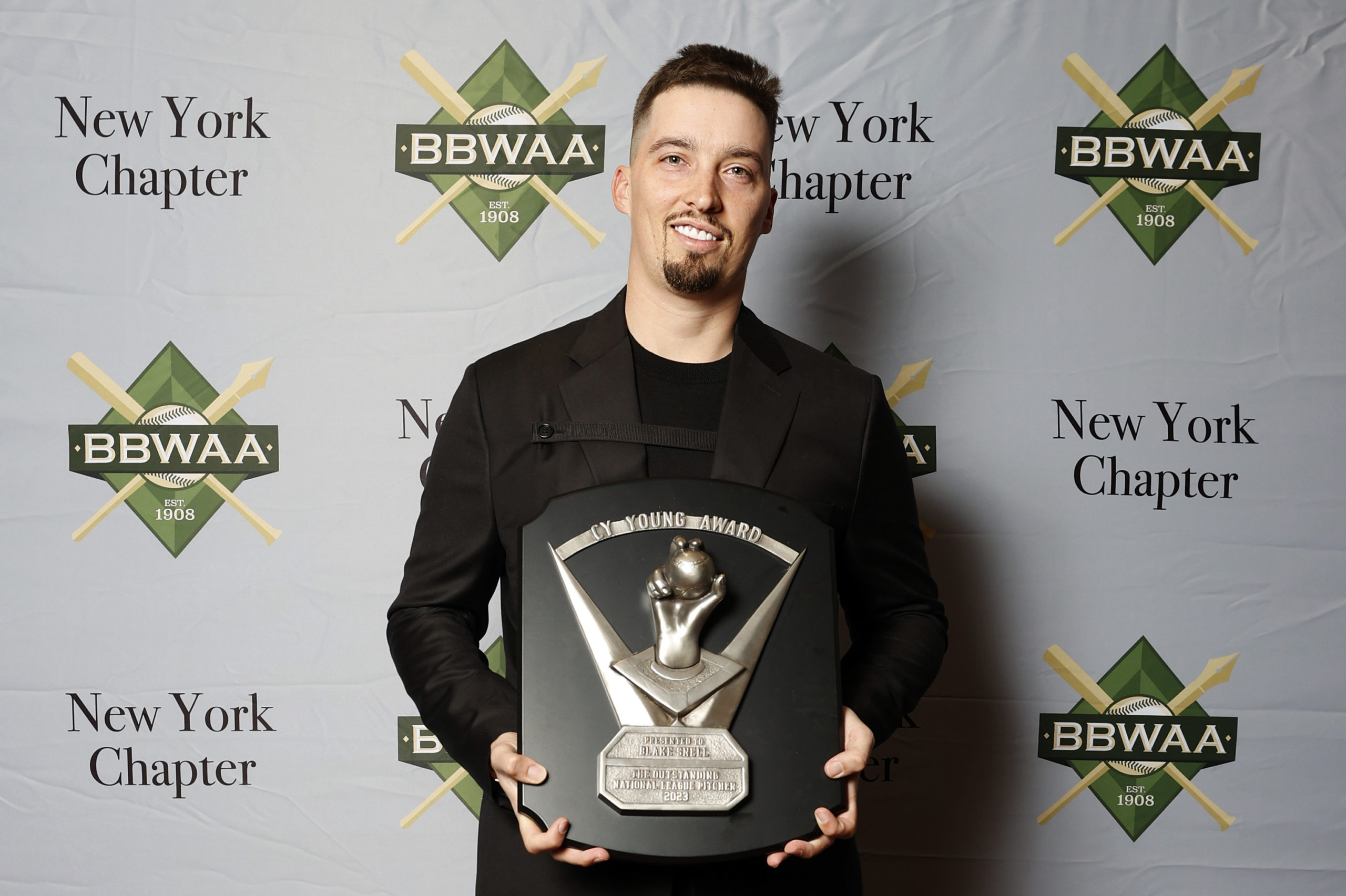 NEW YORK, NEW YORK - JANUARY 27: Former San Diego Padres pitcher Blake Snell poses with the 2023 National League Cy Young Award during the 2024 BBWAA Awards Dinner at New York Hilton Midtown on January 27, 2024 in New York City. Sarah Stier/Getty Images