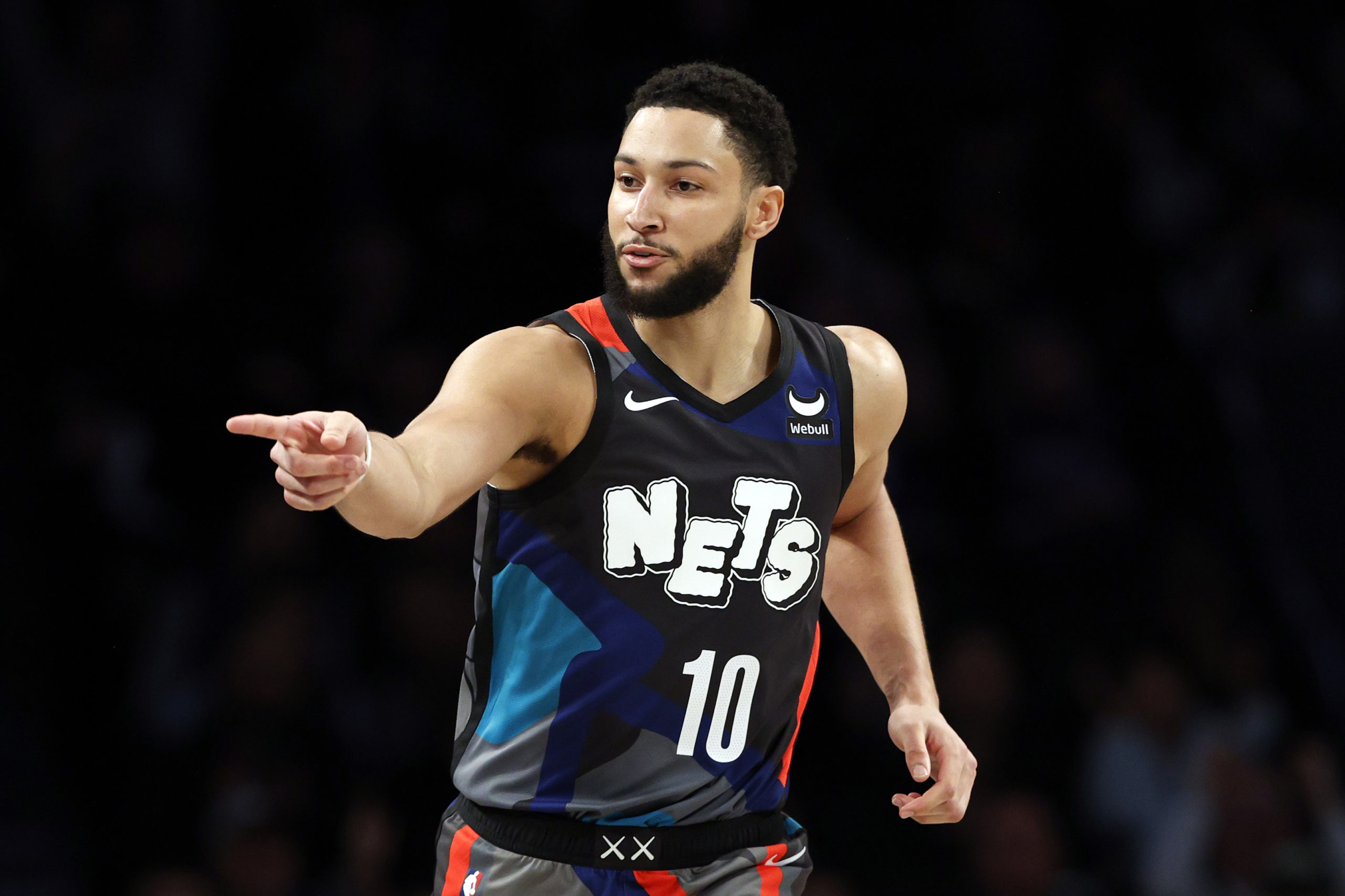 NEW YORK, NEW YORK - JANUARY 29: Ben Simmons #10 of the Brooklyn Nets reacts after scoring during the first half against the Utah Jazz at Barclays Center on January 29, 2024 in the Brooklyn borough of New York City. Sarah Stier/Getty Images