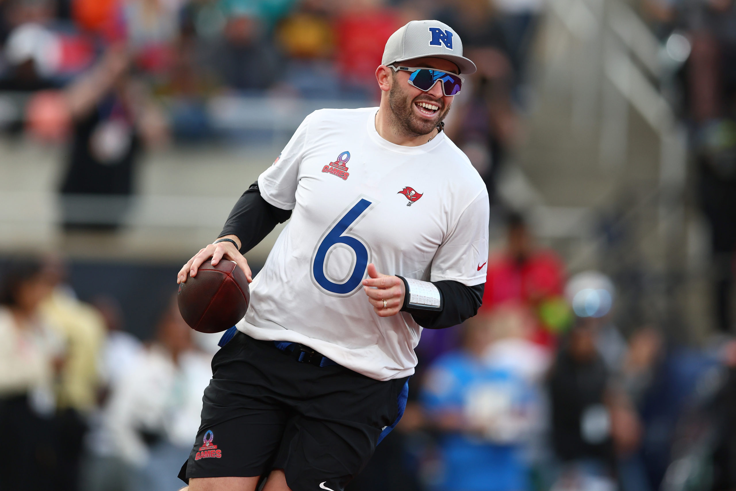 ORLANDO, FLORIDA - FEBRUARY 04: Baker Mayfield #6 of the Tampa Bay Buccaneers and NFC celebrates during the in the second half of the 2024 NFL Pro Bowl Games at Camping World Stadium on February 04, 2024 in Orlando, Florida. Megan Briggs/Getty Images