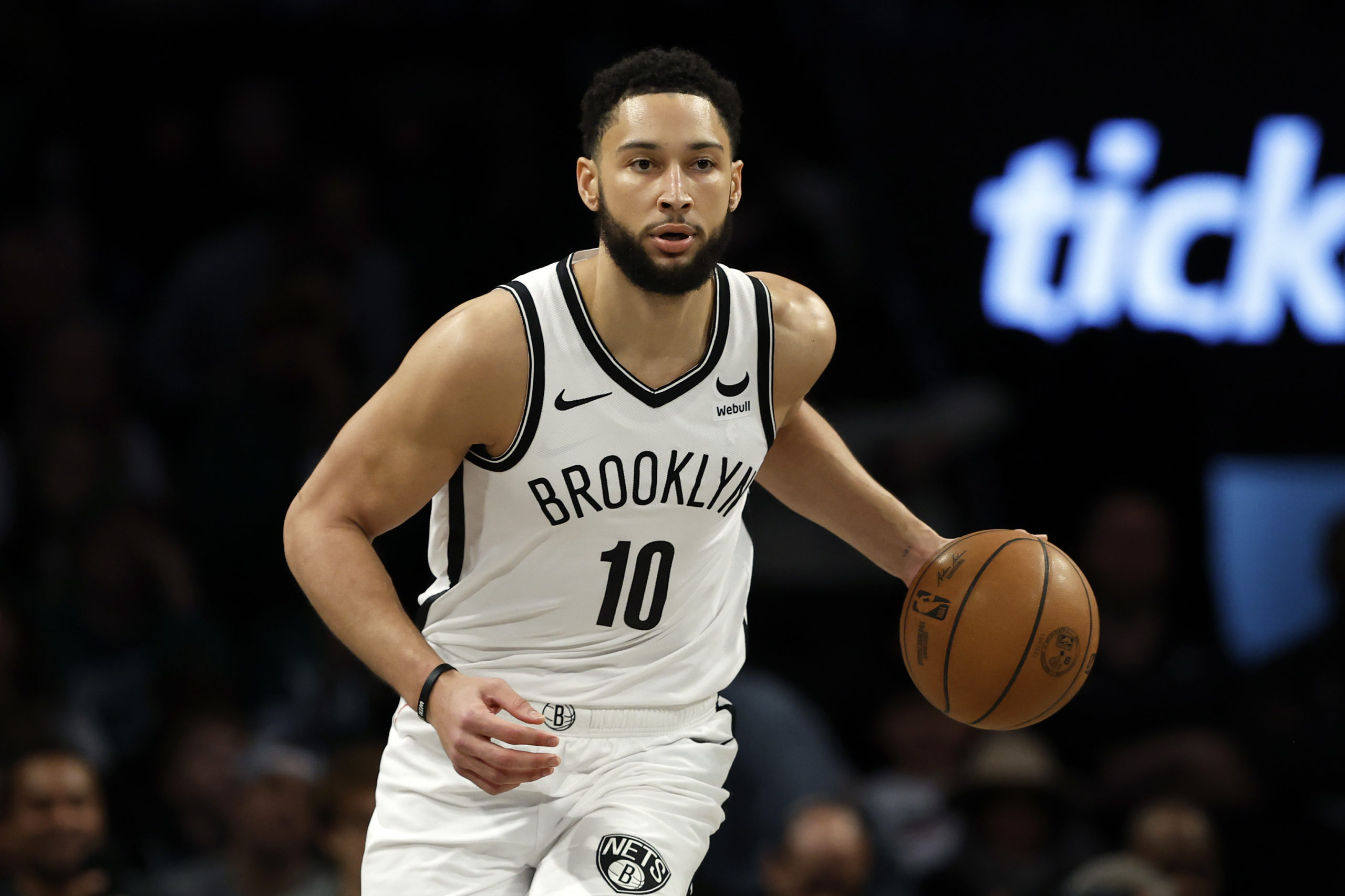 NEW YORK, NEW YORK - FEBRUARY 13: Ben Simmons #10 of the Brooklyn Nets dribbles during the second half against the Boston Celtics at Barclays Center on February 13, 2024 in the Brooklyn borough of New York City. The Celtics won 118-110. Sarah Stier/Getty Images