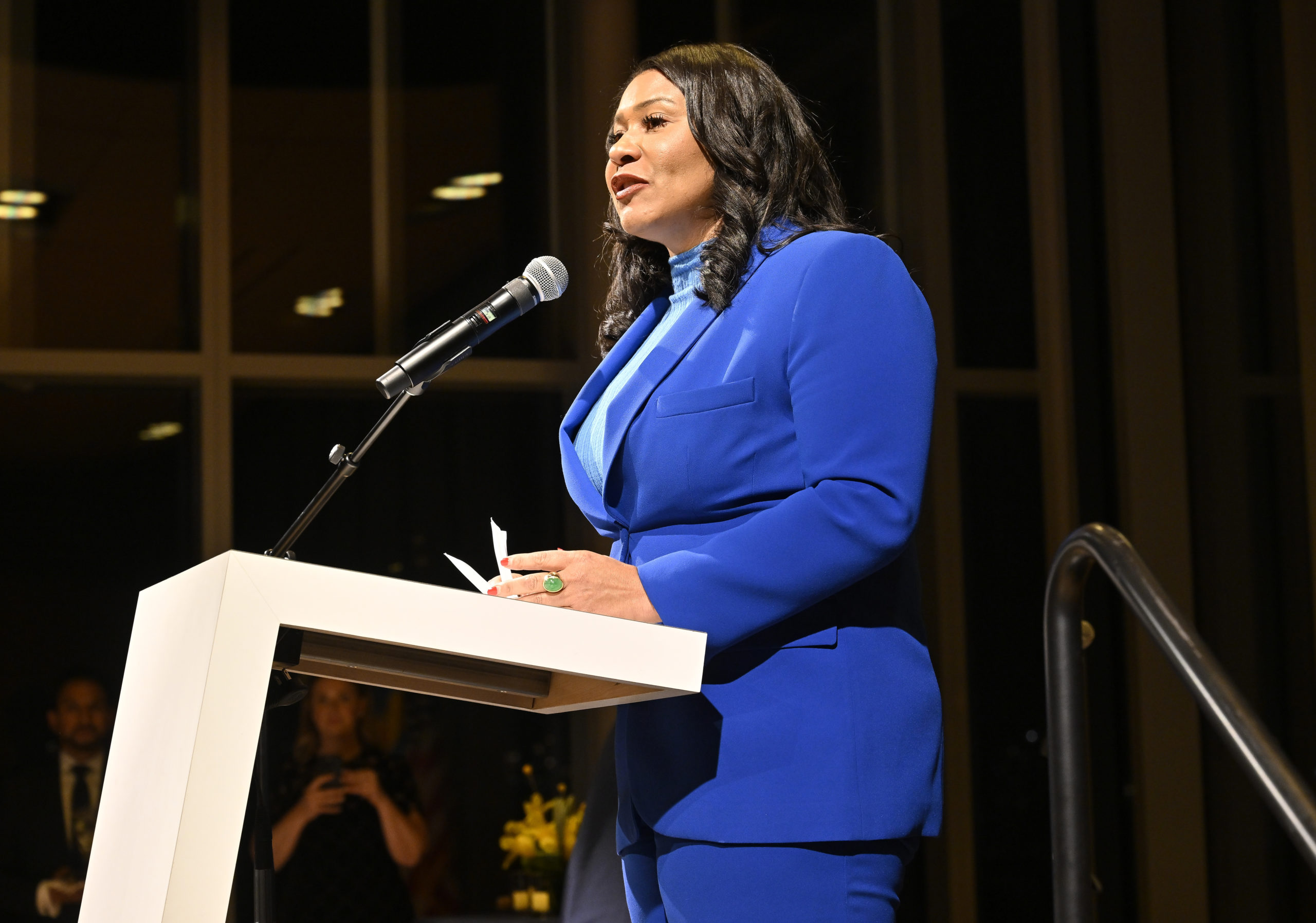 VARIOUS CITIES - FEBRUARY 20: London Breed, Mayor of San Francisco speaks onstage during the Inaugural Reception of the New Consulate General of Sweden in San Francisco at the San Francisco Conservatory of Music on February 20, 2024 in San Francisco, California. (Photo by Steve Jennings/Getty Images)