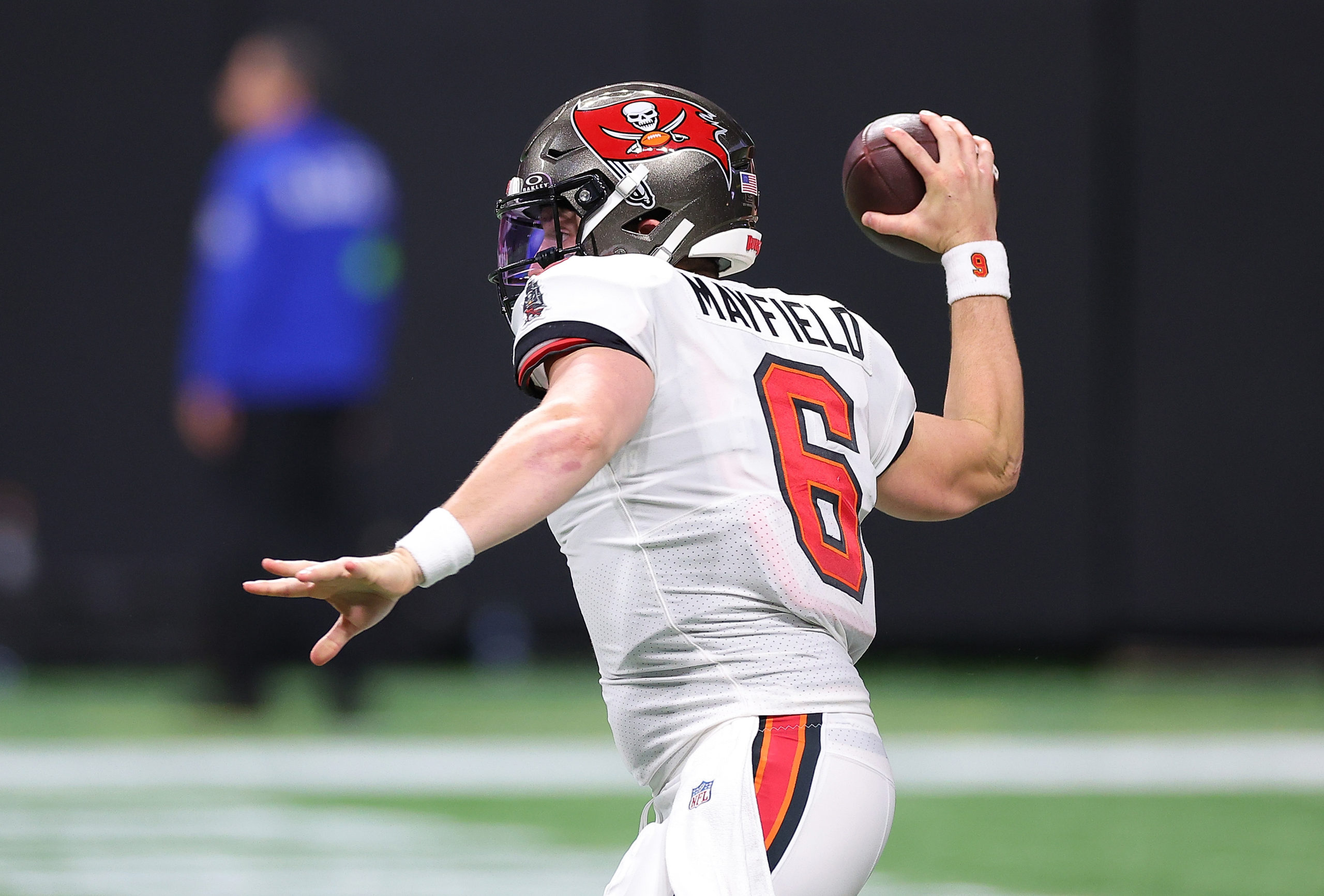 ATLANTA, GEORGIA - DECEMBER 10: Baker Mayfield #6 of the Tampa Bay Buccaneers looks to pass against the Atlanta Falcons during the second half at Mercedes-Benz Stadium on December 10, 2023 in Atlanta, Georgia. Kevin C. Cox/Getty Images