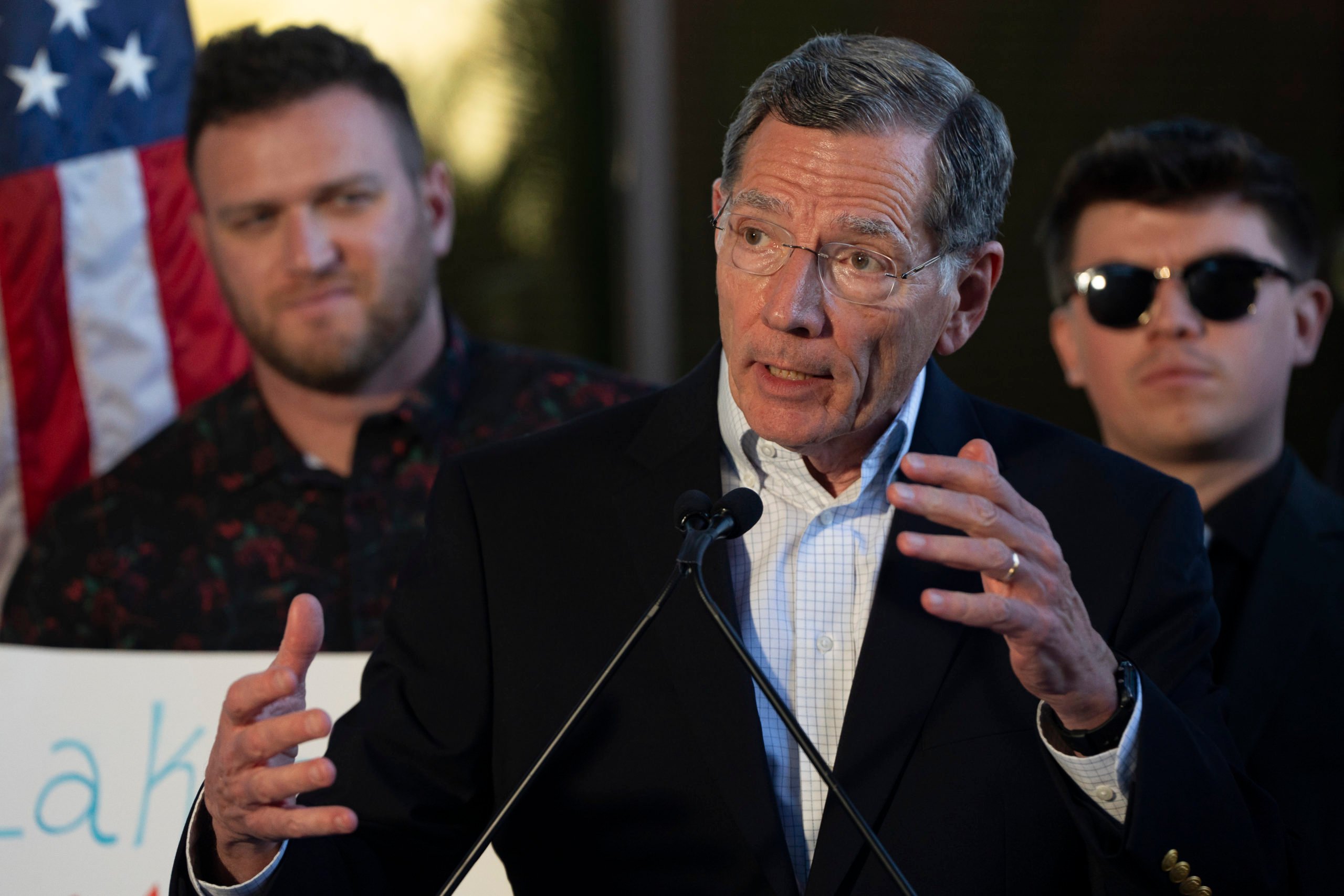 PHOENIX, ARIZONA - FEBRUARY 29: U.S. Sen. John Barrasso (R-WY) speaks during a news conference with Arizona Republican U.S. Senate candidate and far-right election denier Kari Lake on February 29, 2024 in Phoenix, Arizona. Barrasso is one of the senators being discussed as a possible successor to Minority Leader Mitch McConnell, who announced he would be stepping down in that role in January. (Photo by Rebecca Noble/Getty Images)