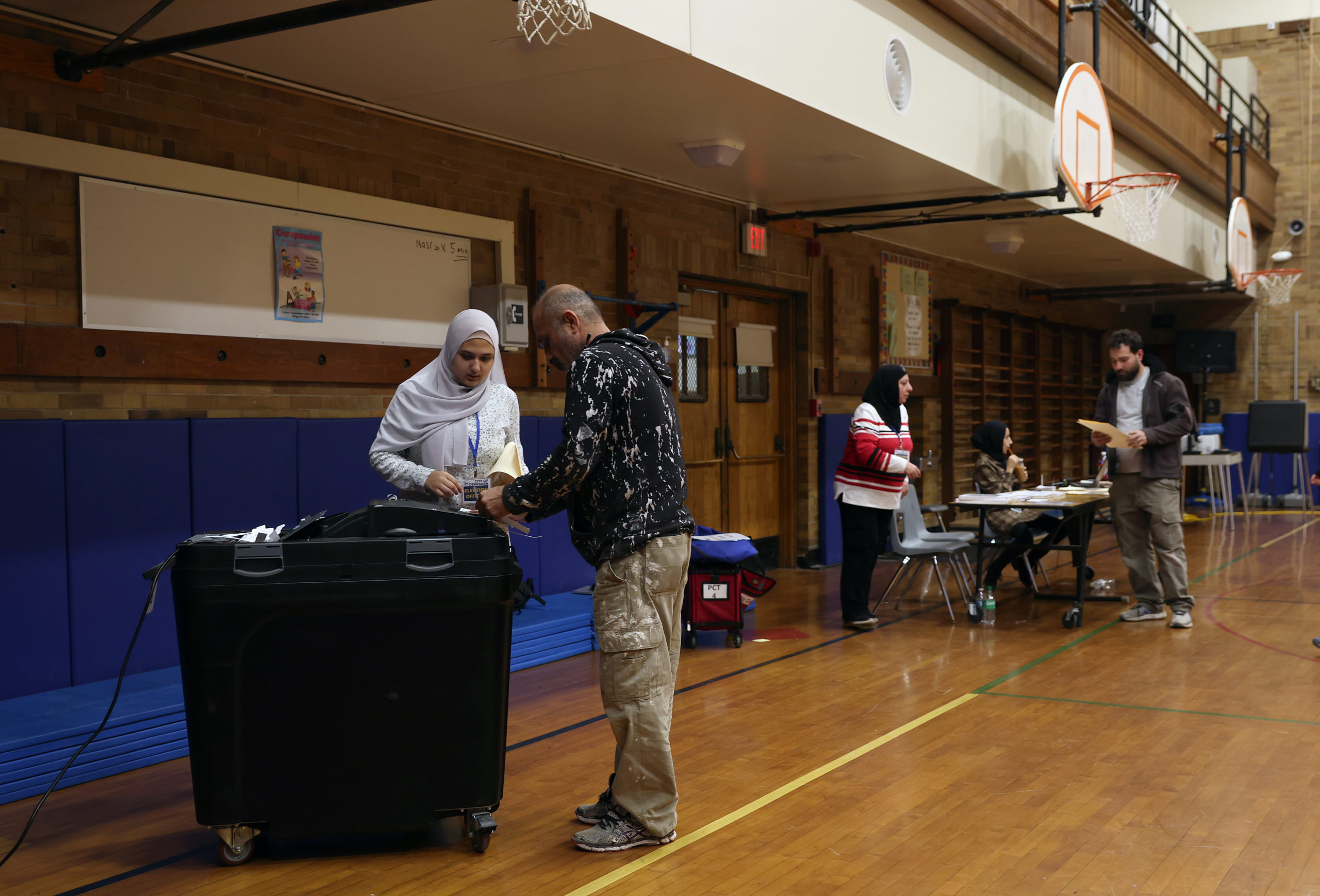 A voter casts their ballot in the Michigan primary election at Oakman Elementary School on February 27, 2024 in Dearborn, Michigan. The Michigan Democratic and Republican parties held their primary elections today. Republican presidential candidate, former U.N. ambassador Nikki Haley has vowed to stay in the race at least through Super Tuesday on March 5. (Photo by Kevin Dietsch/Getty Images)
