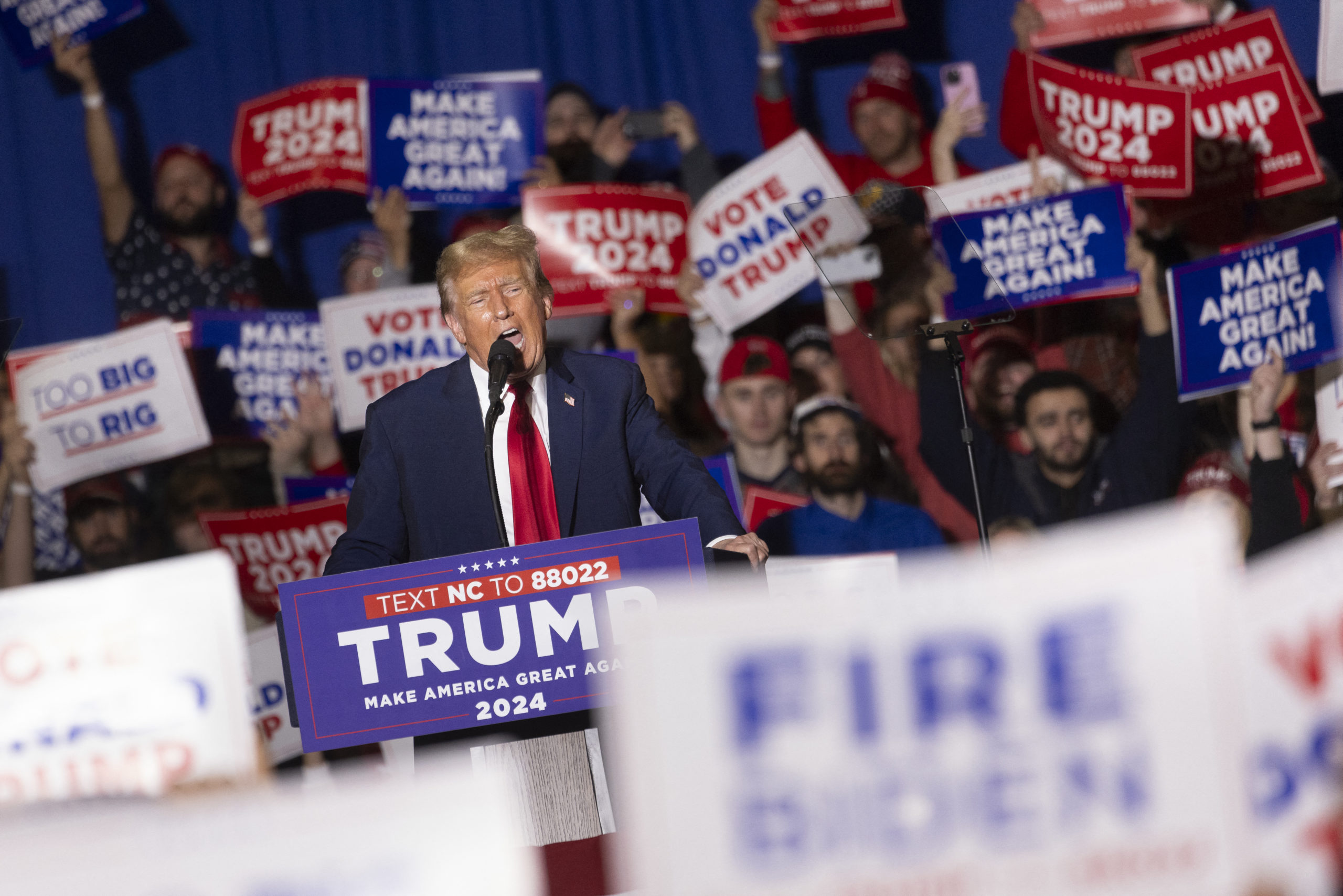 TOPSHOT - Former US President and 2024 presidential hopeful Donald Trump speaks during a "Get Out the Vote" rally at the Coliseum Complex in Greensboro, North Carolina, on March 2, 2024. (Photo by RYAN COLLERD / AFP) (Photo by RYAN COLLERD/AFP via Getty Images)