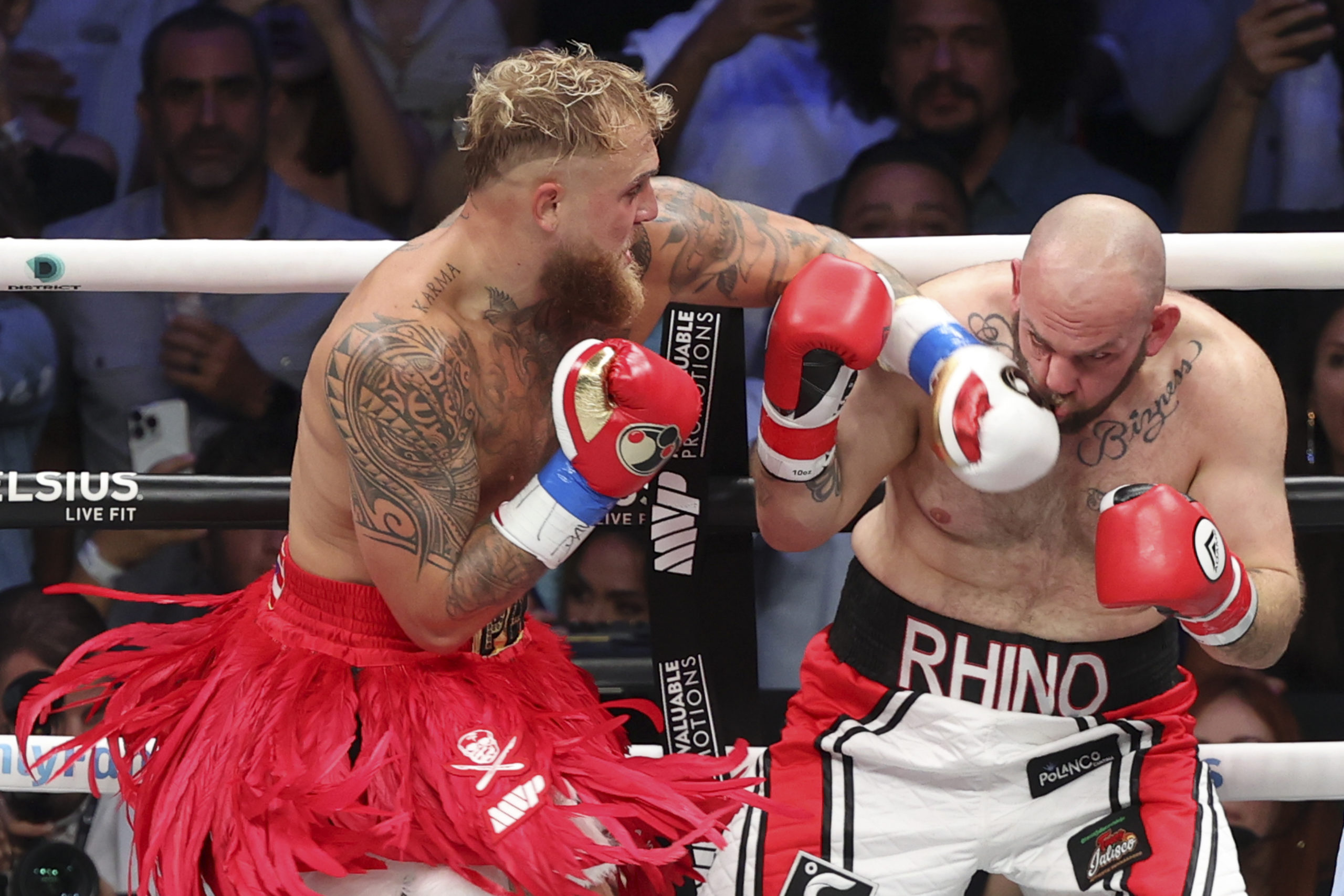 HATO REY, PUERTO RICO - MARCH 2: Jake Paul (Red) punches Ryan Bourland during their cruiserweight fight at Coliseo de Puerto Rico on March 2, 2024 in Hato Rey, Puerto Rico. Ricardo Arduengo/Getty Images