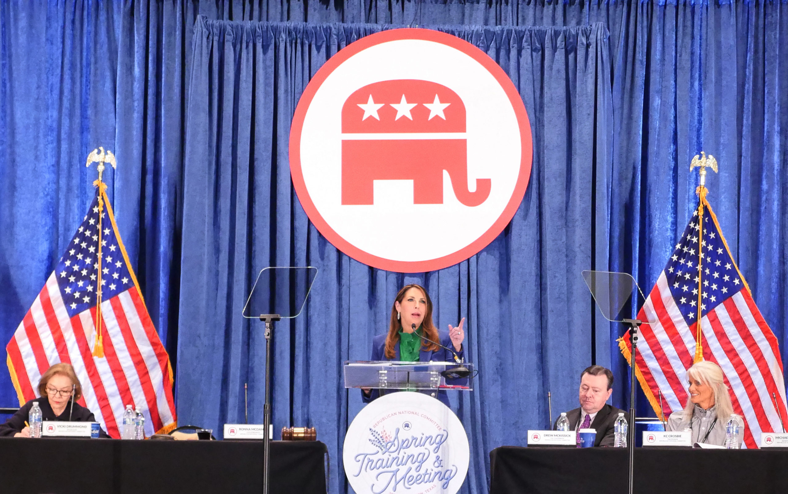 Outgoing Republican National Committee (RNC) Chairwoman Ronna McDaniel speaks at the RNC Spring meeting on March 8, 2024, in Houston, Texas. The RNC elected Lara Trump co-chair of the committee and Michael Whatley as chairman, tightening former US President Donald Trump's grip over the party ahead of the November election. (Photo by CECILE CLOCHERET/AFP via Getty Images)