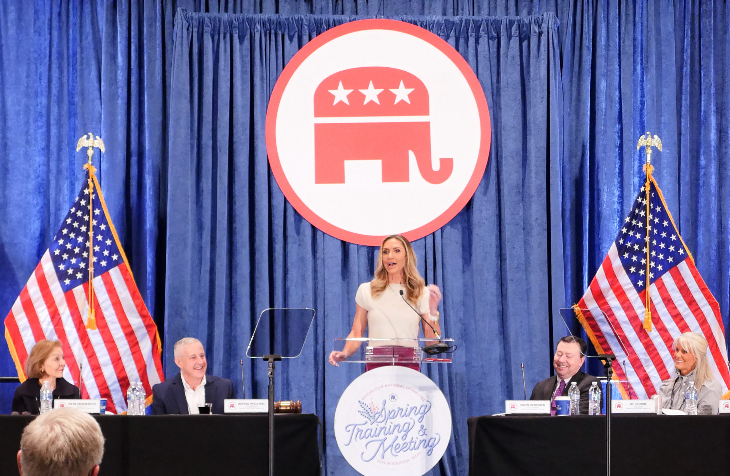 Lara Trump, daughter-in-law of former US President Donald Trump, speaks at the Republican National Committee (RNC) Spring meeting on March 8, 2024, in Houston, Texas. The RNC elected Lara Trump co-chair of the committee and Michael Whatley as chairman, tightening the former president's grip over the party ahead of the November election. (Photo by Cécile Clocheret / AFP) (Photo by CECILE CLOCHERET/AFP via Getty Images)