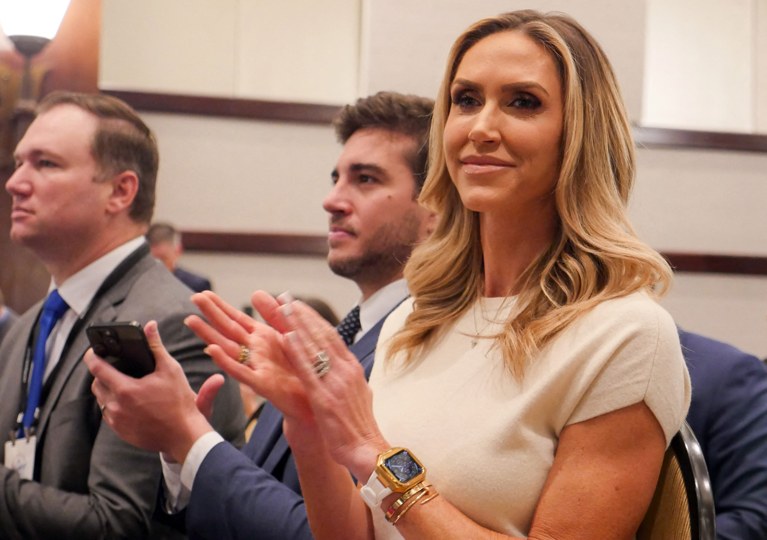 Lara Trump, daughter-in-law of former US President Donald Trump, attends the Republican National Committee (RNC) Spring meeting on March 8, 2024, in Houston, Texas. (Photo by CECILE CLOCHERET/AFP via Getty Images)