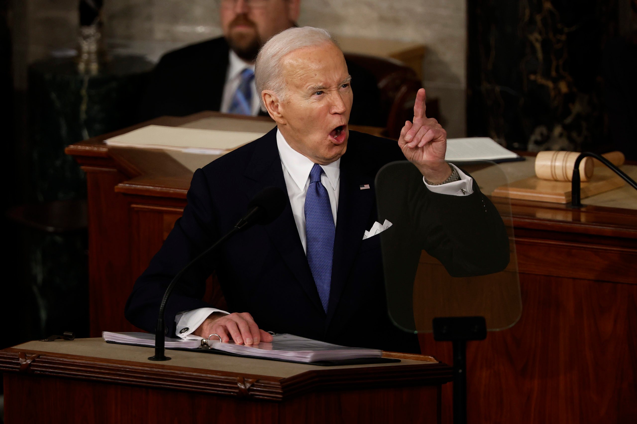 U.S. President Joe Biden delivers the State of the Union address during a joint meeting of Congress in the House chamber at the U.S. Capitol on March 07, 2024 in Washington, DC. This is Biden’s last State of the Union address before the general election this coming November. Biden was joined by Vice President Kamala Harris and Speaker of the House Mike Johnson (R-LA). (Photo by Chip Somodevilla/Getty Images)