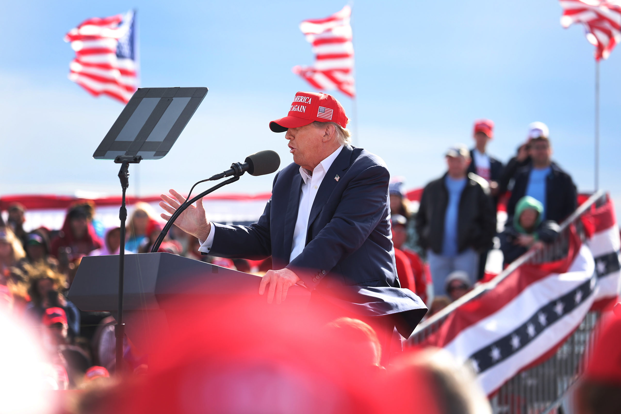 Republican presidential candidate former President Donald Trump speaks to supporters during a rally at the Dayton International Airport on March 16, 2024 in Vandalia, Ohio. The rally was hosted by the Buckeye Values PAC. (Photo by Scott Olson/Getty Images)