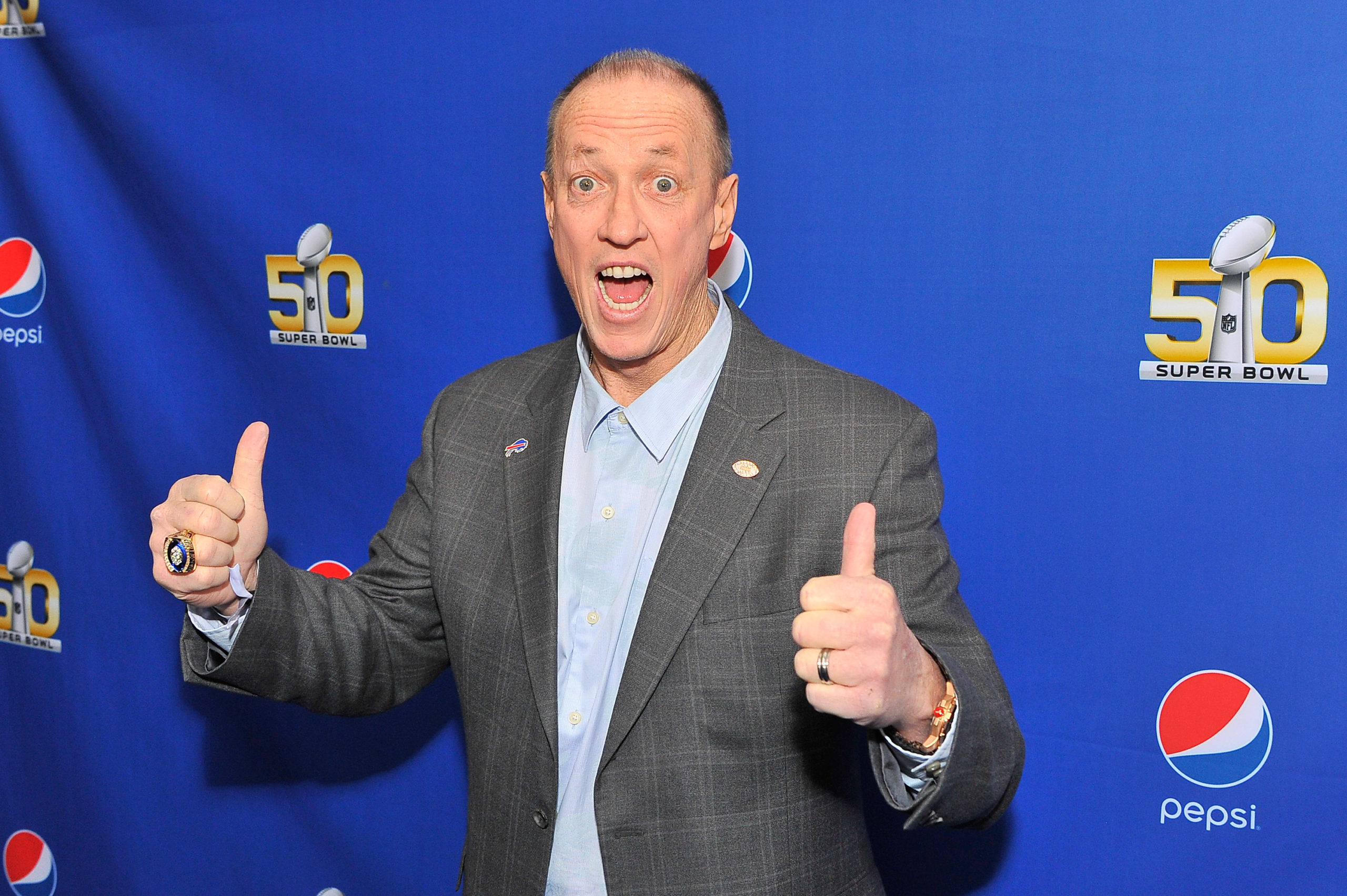 SAN FRANCISCO, CA - FEBRUARY 05: Retired NFL player Jim Kelly walks the Blue Carpet at the 2015 Pepsi Rookie of the Year Award Ceremony at Pepsi Super Friday Night at Pier 70 on February 5, 2016 in San Francisco, California. Steve Jennings/Getty Images for Pepsi