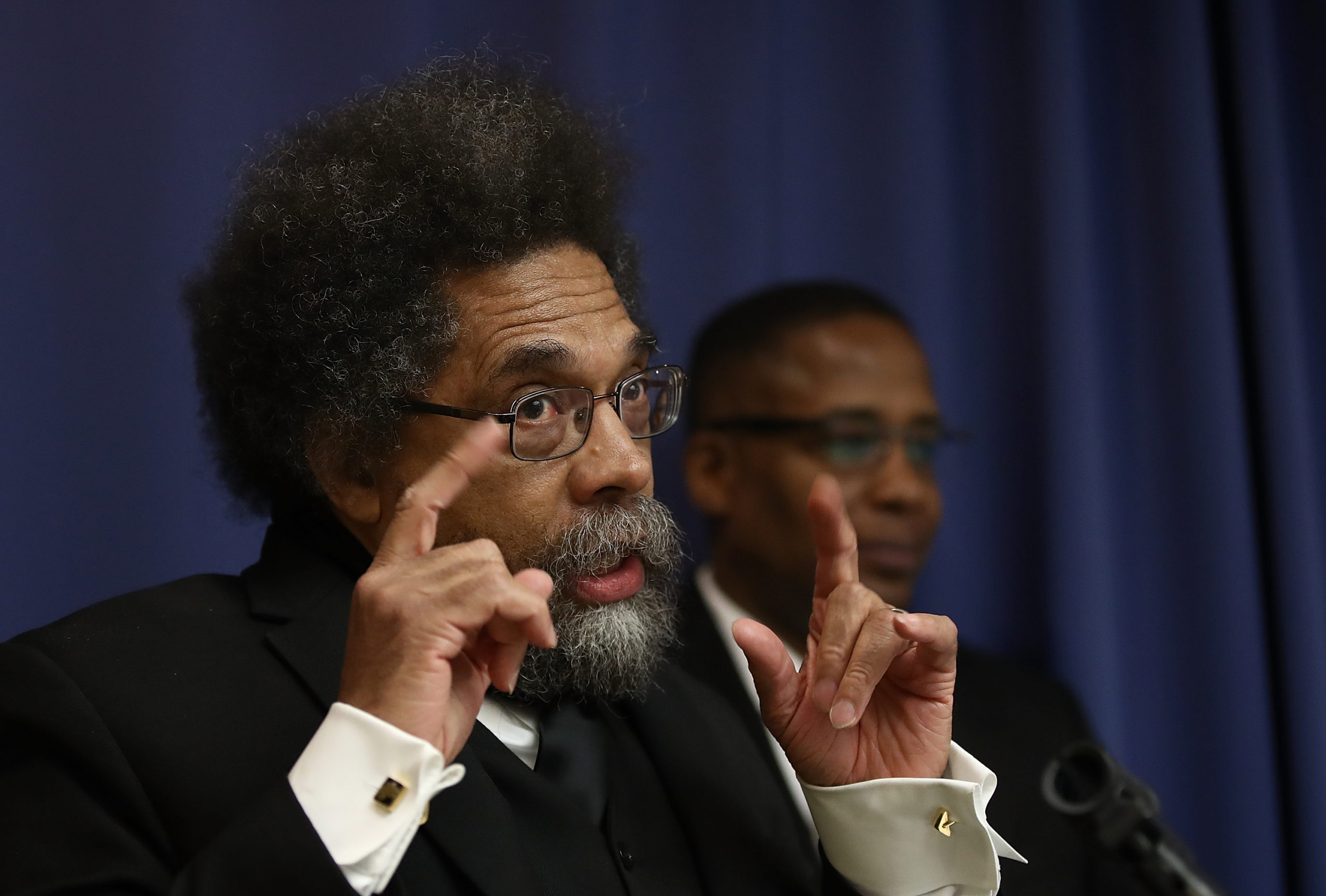 WASHINGTON, DC - FEBRUARY 21: Cornel West, professor of philosophy at Union Theological Seminary, speaks at the National Press Club February 21, 2017 in Washington, DC. West and other African American leaders discussed "the current statements and actions of the president of the United States and their impact on the African American community" during their remarks. Also pictured is Malik Shabazz (R), national president of Black Lawyers for Justice.(Photo by Win McNamee/Getty Images)