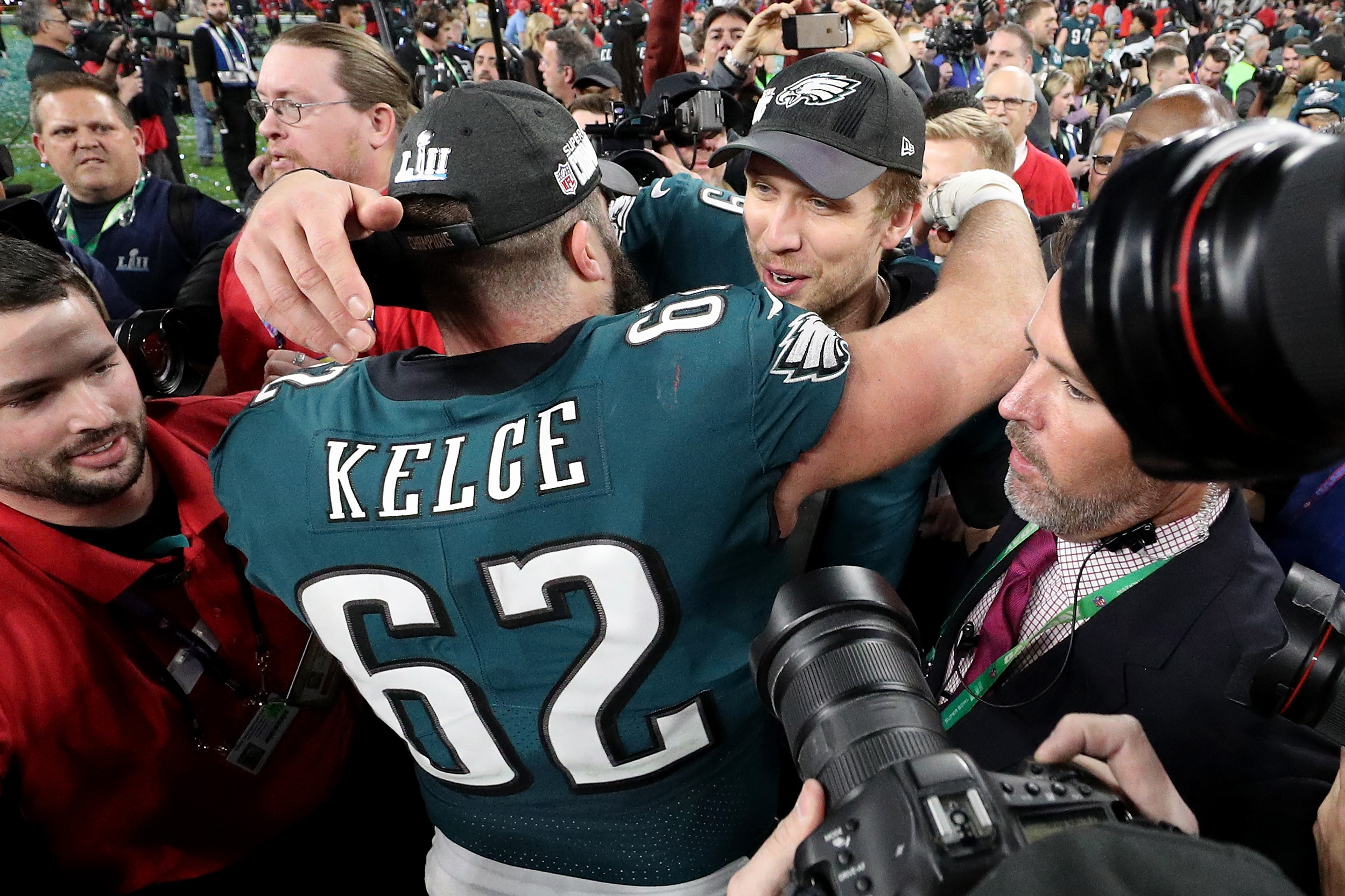 MINNEAPOLIS, MN - FEBRUARY 04: Nick Foles #9 of the Philadelphia Eagles celebrates with Jason Kelce #62 after defeating the New England Patriots 41-33 in Super Bowl LII at U.S. Bank Stadium on February 4, 2018 in Minneapolis, Minnesota. Patrick Smith/Getty Images