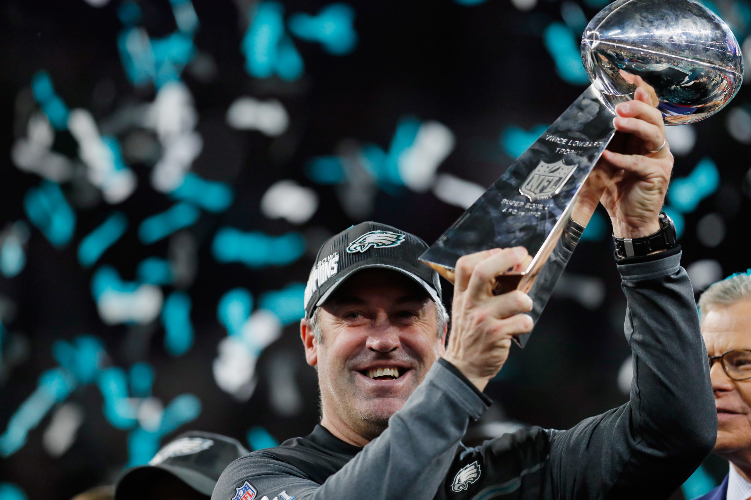 MINNEAPOLIS, MN - FEBRUARY 04: Head coach Doug Pederson of the Philadelphia Eagles celebrates with the Vince Lombardi Tropy after his teams 41-33 victory over the New England Patriots in Super Bowl LII at U.S. Bank Stadium on February 4, 2018 in Minneapolis, Minnesota. The Philadelphia Eagles defeated the New England Patriots 41-33. Kevin C. Cox/Getty Images