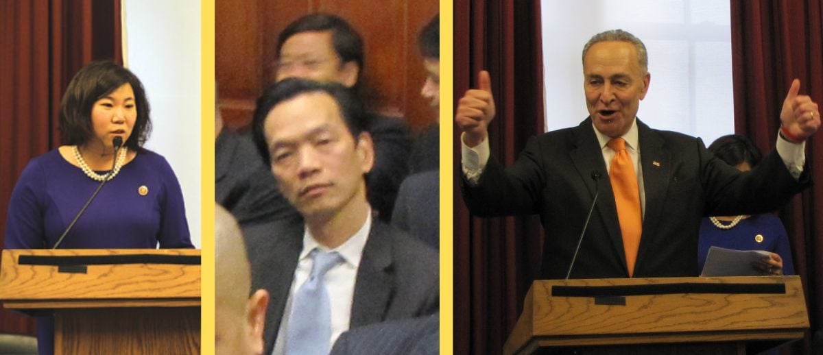 In January 2014, Meng invited Lu Jianwang to Washington DC to attend a small business meeting. Sen. Chuck Schumer spoke at the event. [Image created by the DCNF with pictures from HAEA.]