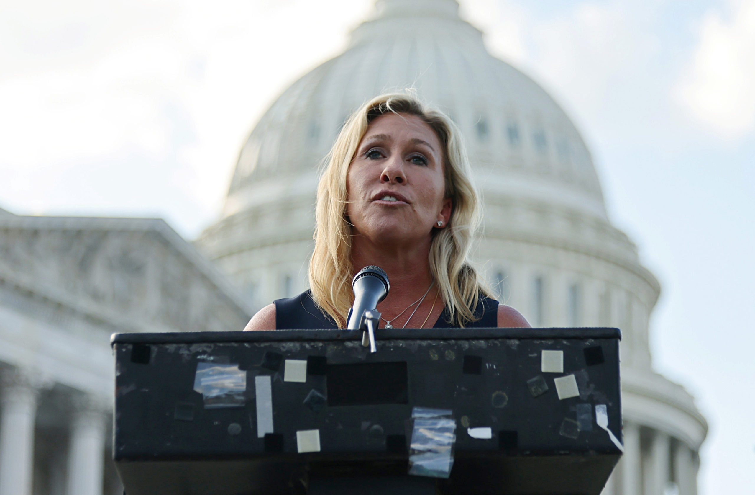 Representative Marjorie Taylor Greene (R-GA) holds a press conference outside the U.S. Capitol following a private visit to the Holocaust Museum, to express contrition for previous remarks about Jewish people, in Washington, U.S. June 14, 2021. REUTERS/Evelyn Hockstein