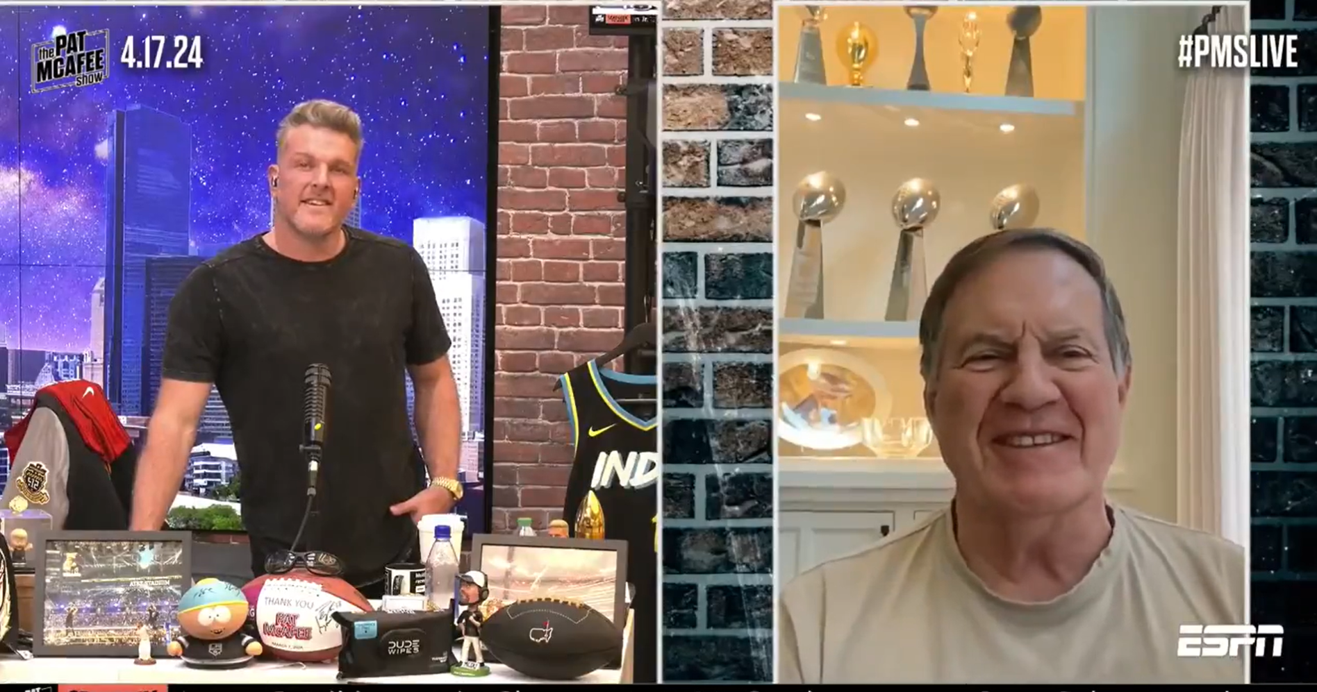 Bill Belichick appears on the Pat McAfee show. 4/17/24. Screenshot/Twitter/@PatMcAfeeShow