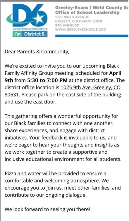 Email invitation to a Black Family Affinity Group sent by the Greeley-Evans School District