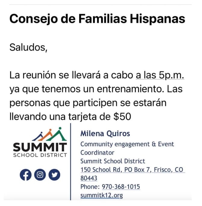 Screenshot of email invite to Consejo de Familias Hispanas sent by the Summit School District.