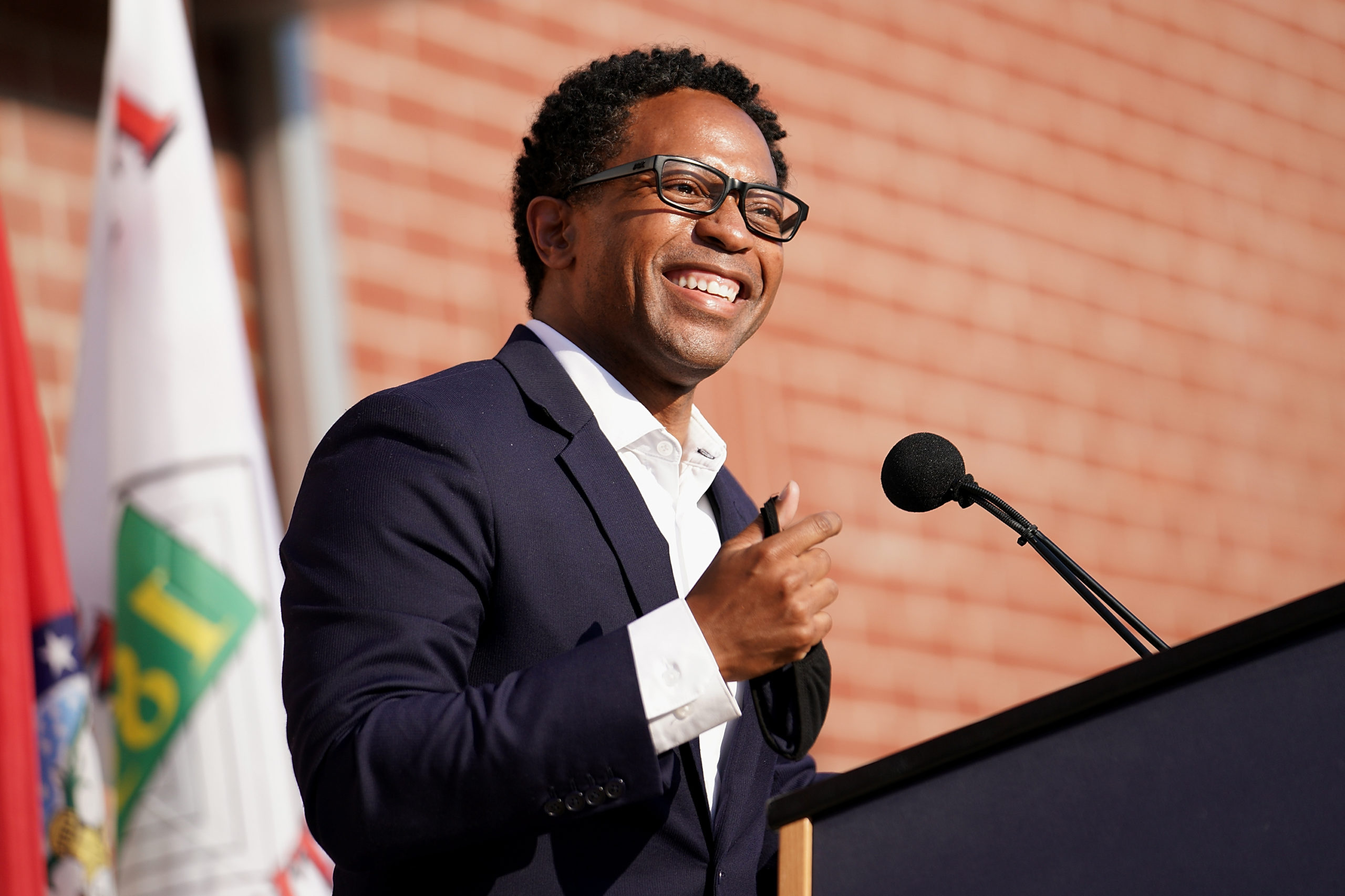 FERGUSON, MO - JUNE 17: St. Louis County Prosecutor, Wesley Bell gives remarks during the Ferguson mayoral inauguration ceremony for Ella James at the Urban League Empowerment Center on June 17, 2020 in Ferguson, Missouri. Ella Jones becomes the city's first African-American Mayor in it's 165-year history. (Photo by Michael B. Thomas/Getty Images)