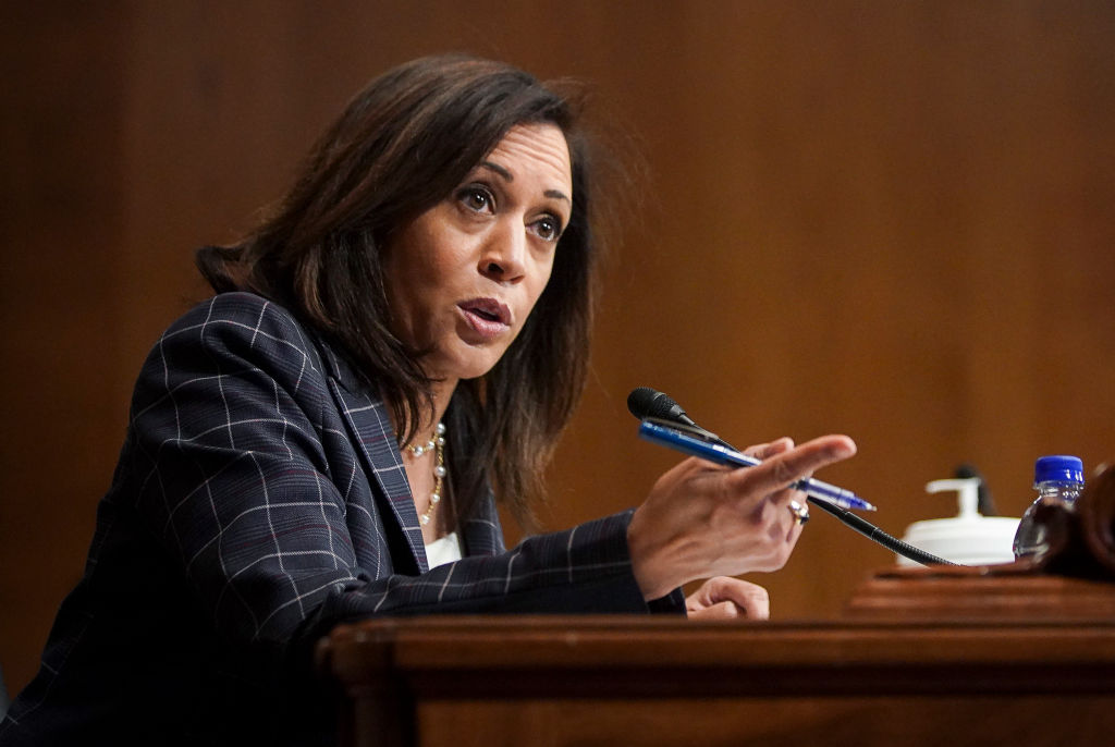WASHINGTON, DC - JUNE 25: U.S. Sen. Kamala Harris (D-CA) speaks at a hearing of the Homeland Security Committee attended by acting U.S. Customs and Border Protection (CBP) Commissioner Mark Morgan at the Capitol Building on June 25, 2020 in Washington, DC. Morgan and President Donald Trump in Yuma, Arizona recently marked the 200th mile of the wall on the U.S.-Mexico border, an effort to control immigration touted in the president's 2016 presidential campaign. (Photo by Alexander Drago-Pool/Getty Images)