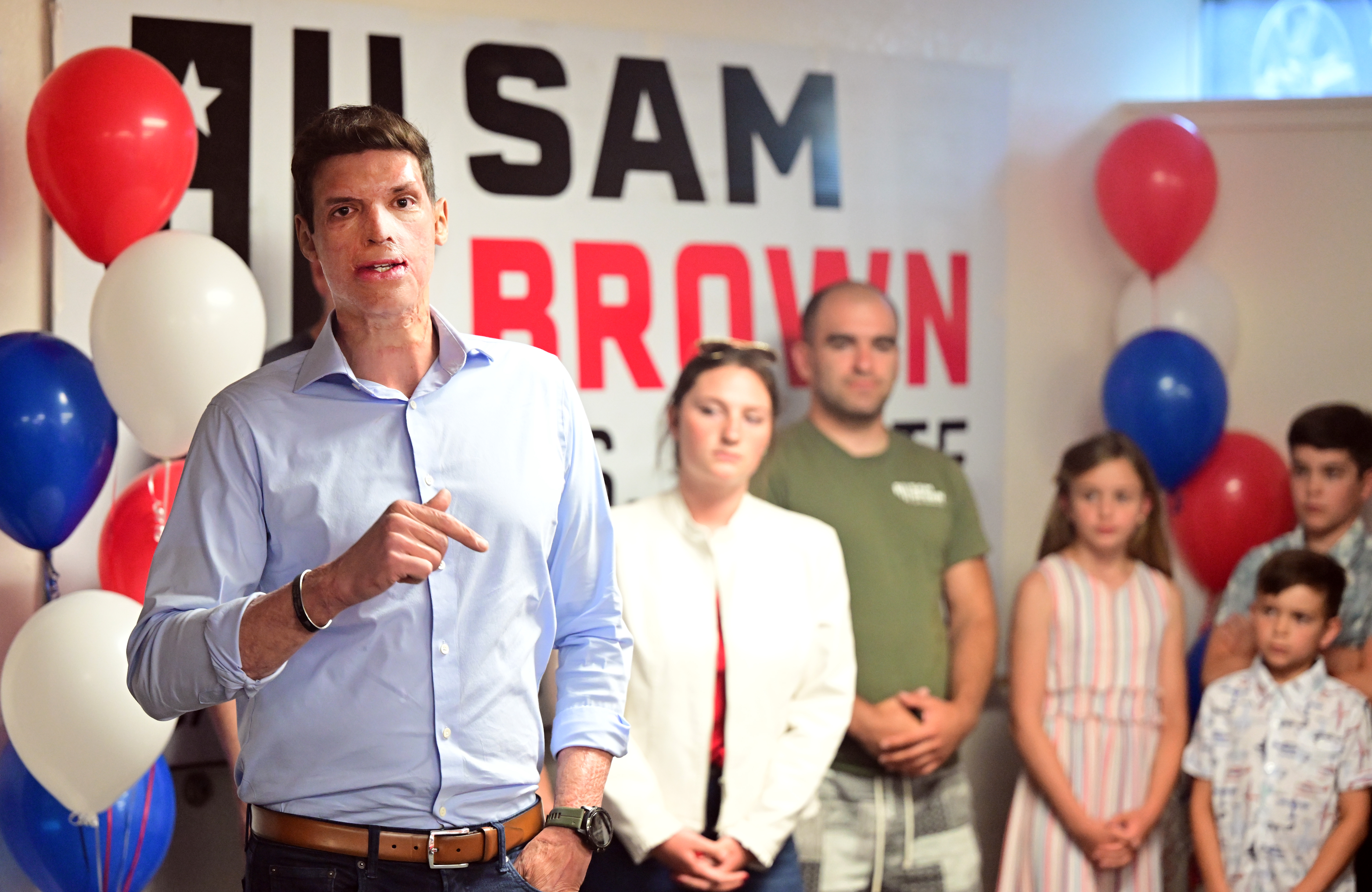 RENO, NV - JUNE 14: Republican U.S. Senate candidate Sam Brown thanks supporters while waiting for election results at his campaign office on June 14, 2022 in Reno, Nevada. Brown is running against former state Attorney General Adam Laxalt in today's GOP primary. (Photo by Josh Edelson/Getty Images)