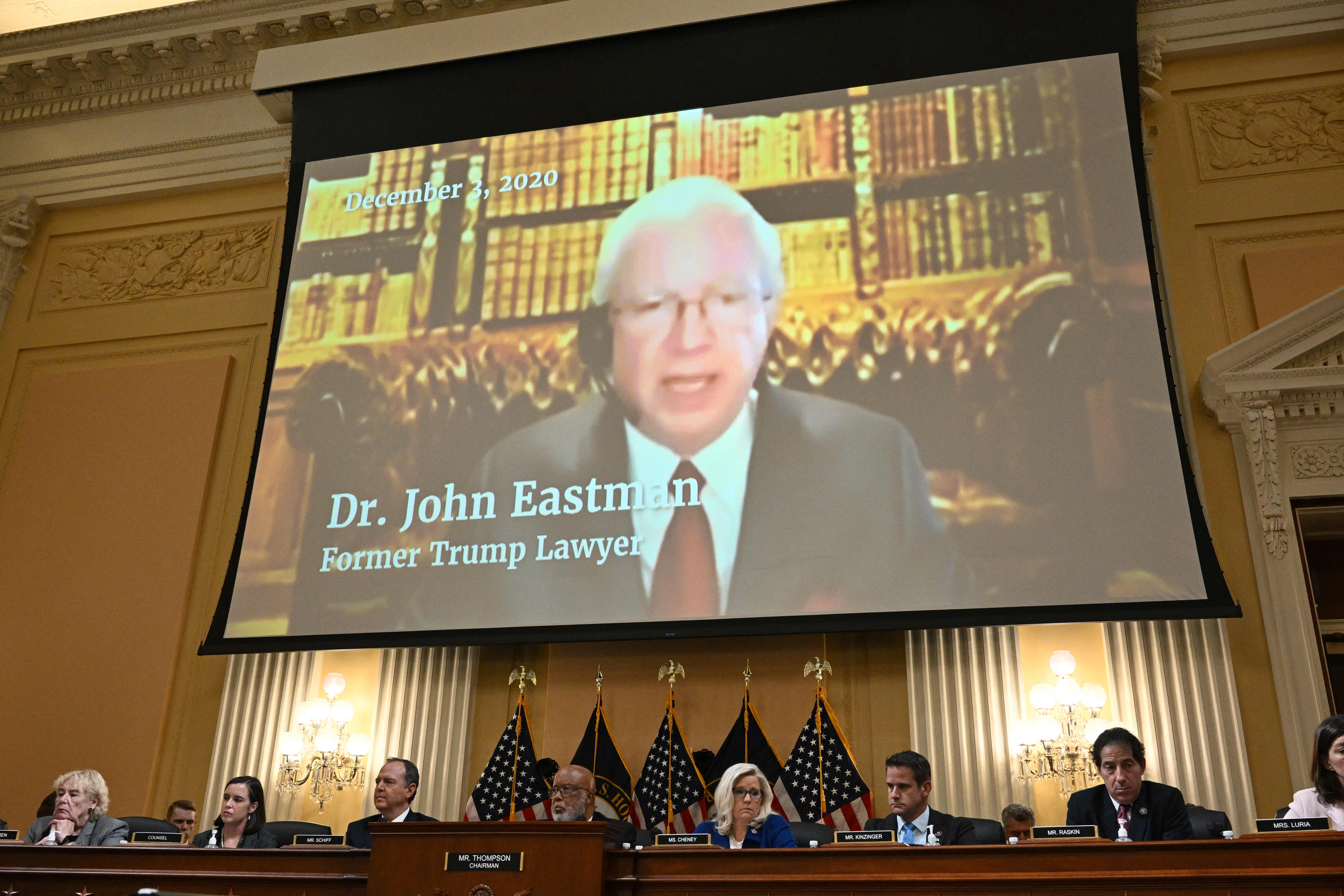 Former lawyer of former President Donald Trump, John Eastman, appears on screen during the fourth hearing by the House Select Committee to Investigate the January 6th Attack on the US Capitol in the Cannon House Office Building on June 21, 2022 in Washington, DC. (Photo by MANDEL NGAN / AFP) (Photo by MANDEL NGAN/AFP via Getty Images)