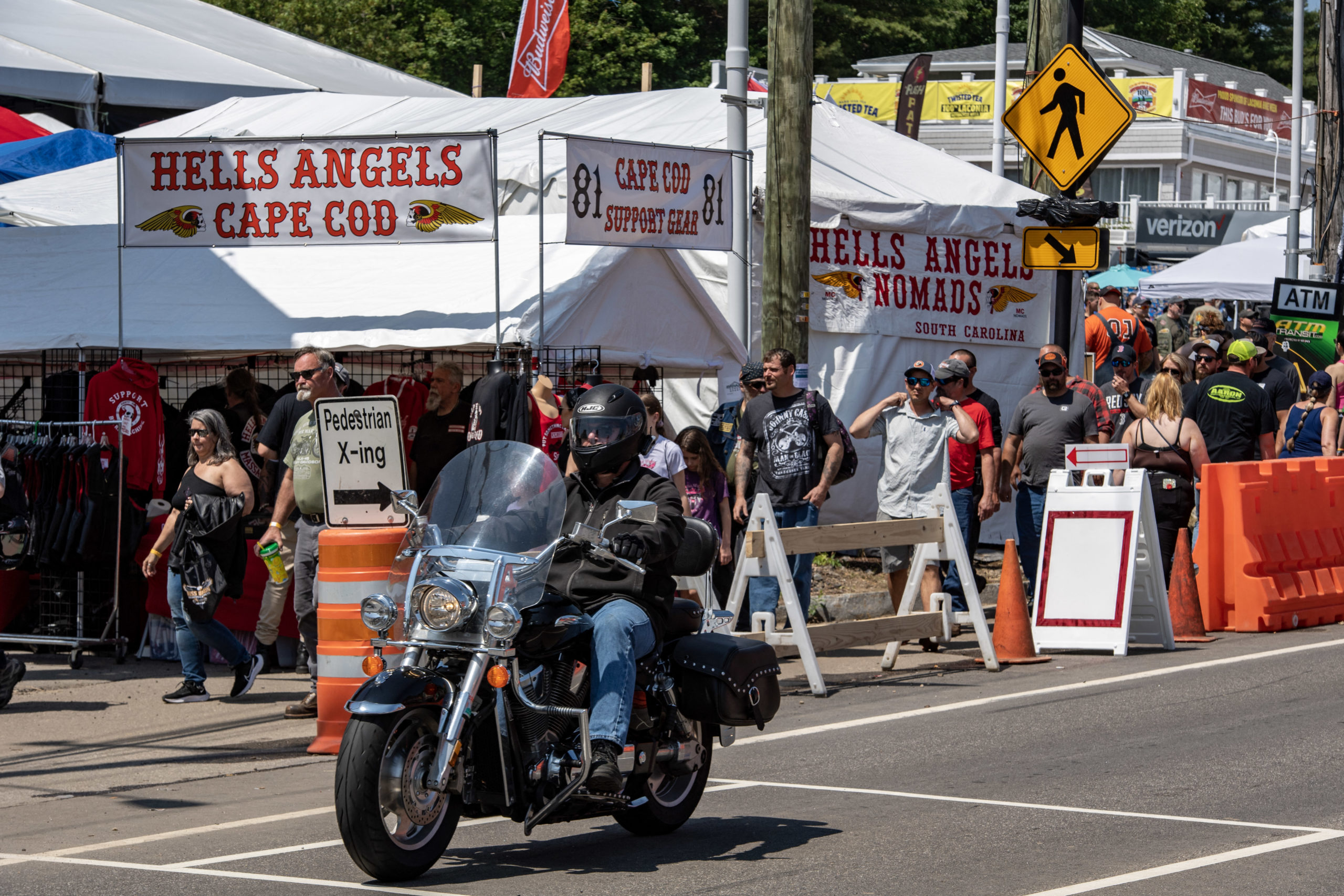 The motorcylce gang known as Hell's Angels runs a vendor booth during the 100th anniversary of the Laconia Motorcycle Week in Laconia, New Hampshire, on June 11, 2023. The rally, which is expected to bring in over 300,000 motorcyclists, is considered to be the oldest in the US. The event runs from June 10 to June 19. (Photo by JOSEPH PREZIOSO/AFP via Getty Images)