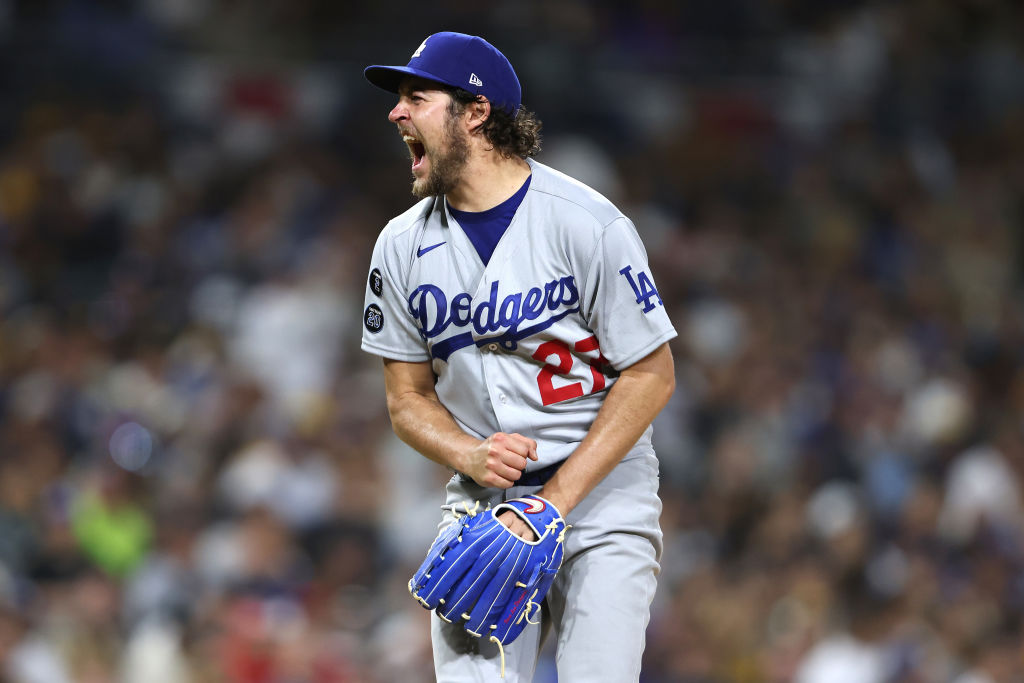 SAN DIEGO, CALIFORNIA - JUNE 23: Trevor Bauer #27 of the Los Angeles Dodgers reacts to striking out Trent Grisham #2 of the San Diego Padres to end the sixth inning of a game at PETCO Park on June 23, 2021 in San Diego, California. (Photo by Sean M. Haffey/Getty Images)