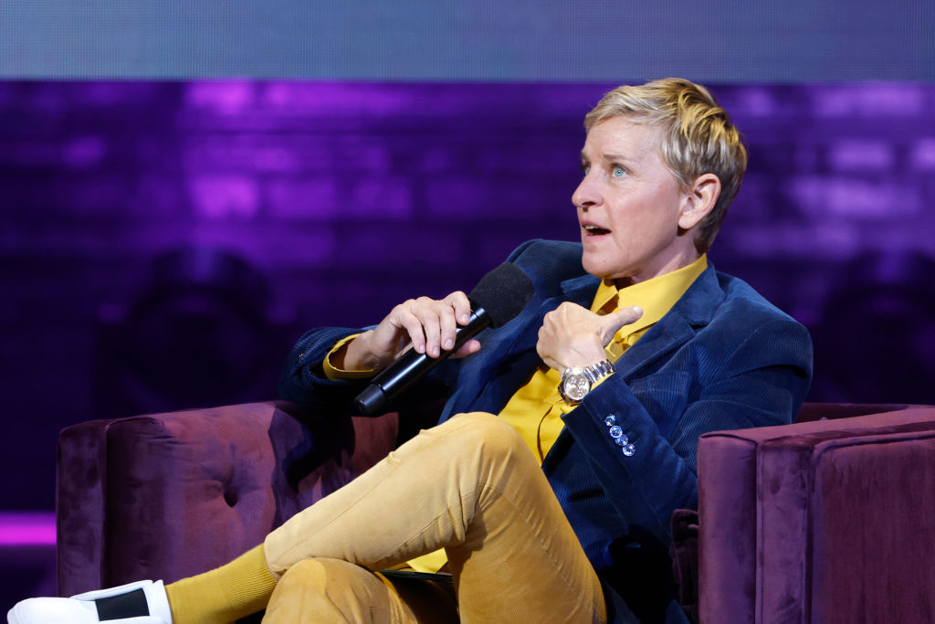 WASHINGTON, DC - NOVEMBER 15: Ellen DeGeneres speaks onstage during the Michelle Obama: The Light We Carry Tour at Warner Theatre on November 15, 2022 in Washington, DC. (Photo by Tasos Katopodis/Getty Images for Live Nation)