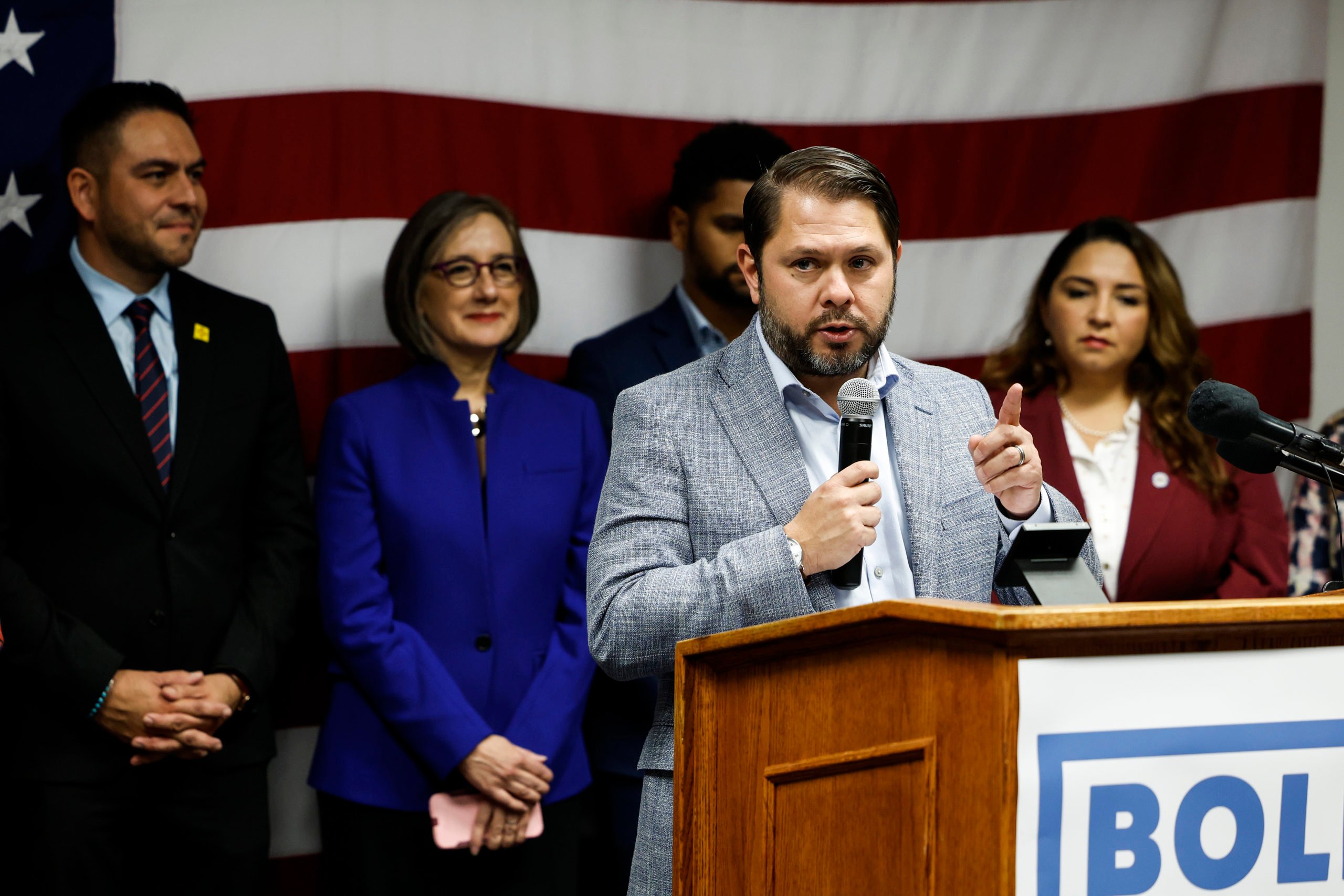 WASHINGTON, DC - NOVEMBER 18: Congressional Hispanic Caucus BOLD PAC Chairman Democratic Rep. Ruben Gallego (D-AZ) speaks at a Congressional Hispanic Caucus (CHC) event welcoming new Latino members to Congress at the headquarters of the Democratic National Committee (DNC) on November 18, 2022 in Washington, DC. The BOLD PAC, Democratic Political Action Committee who focus on increasing diversity in leadership in the House and Senate, welcomed nine new latino members to their caucus. (Photo by Anna Moneymaker/Getty Images)