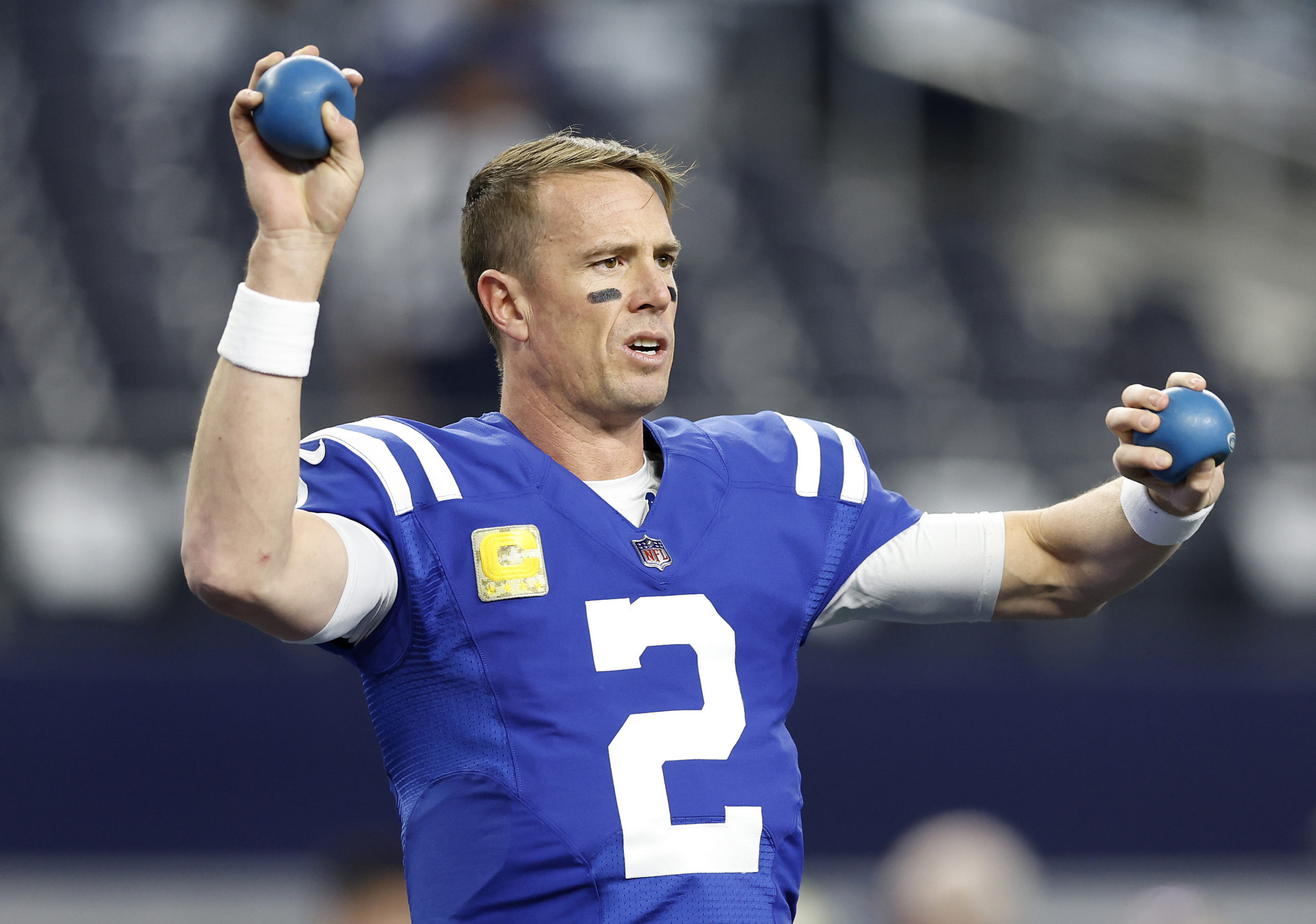 ARLINGTON, TEXAS - DECEMBER 04: Matt Ryan #2 of the Indianapolis Colts warms up prior to a game against the Dallas Cowboys at AT&T Stadium on December 04, 2022 in Arlington, Texas. Wesley Hitt/Getty Images