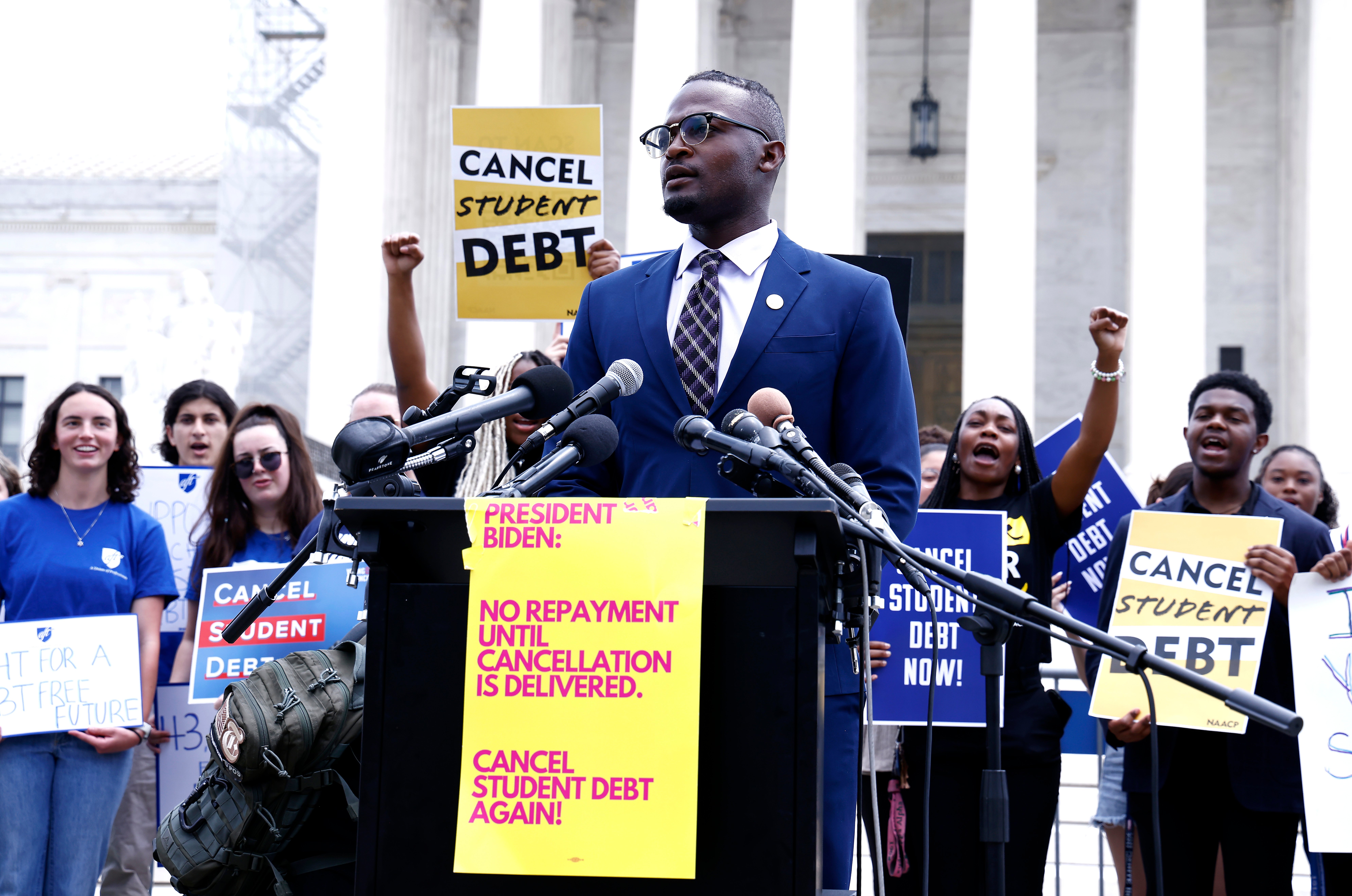 Wisdom Cole, NAACP, joins student loan borrowers to demand President Biden use "Plan B" to cancel student debt Immediately at a rally outside of the Supreme Court of the United States on June 30, 2023 in Washington, DC. (Photo by Paul Morigi/Getty Images for We The 45 Million)