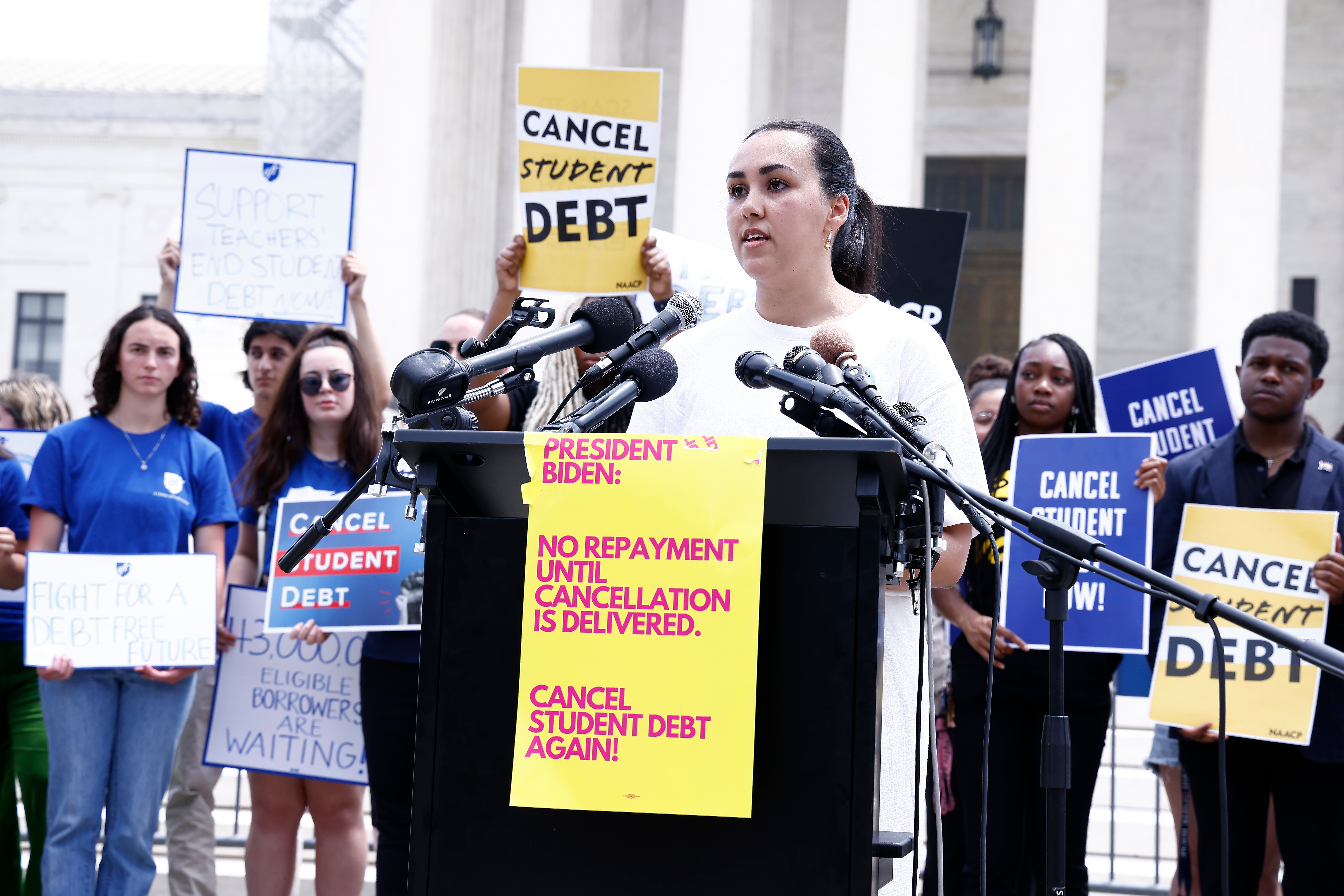 Sabrina Calazans, SDCC, joins student loan borrowers to demand President Biden use "Plan B" to cancel student debt Immediately at a rally outside of the Supreme Court of the United States on June 30, 2023 in Washington, DC. (Photo by Paul Morigi/Getty Images for We The 45 Million)