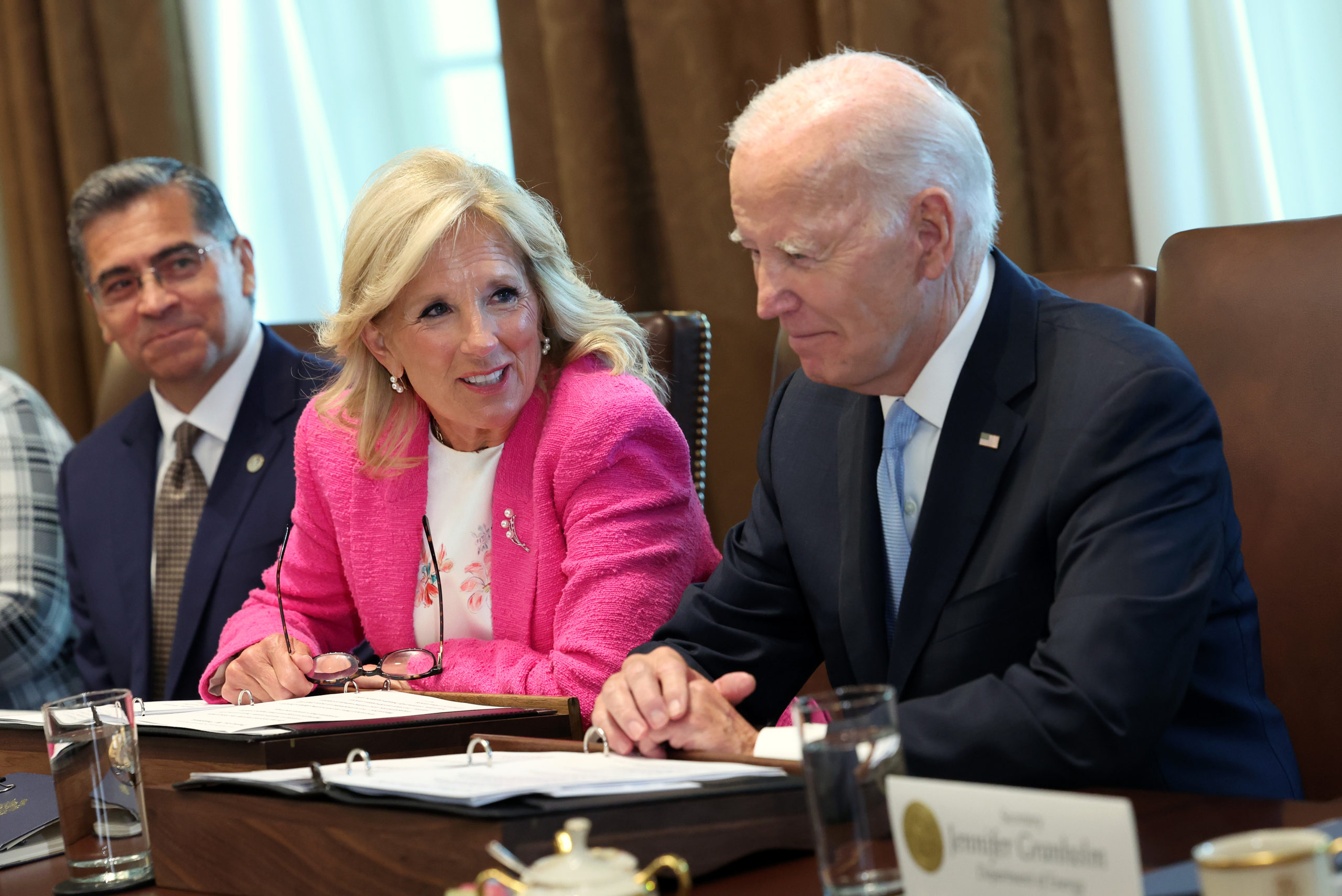 U.S. first lady Jill Biden speaks alongside President Joe Biden and Health and Human Services Secretary Xavier Becerra during a meeting of his Cancer Cabinet at the White House on September 13, 2023 in Washington, DC. Biden spoke on new actions the federal government and non-governmental organizations are taking to help end cancer. (Photo by Kevin Dietsch/Getty Images)