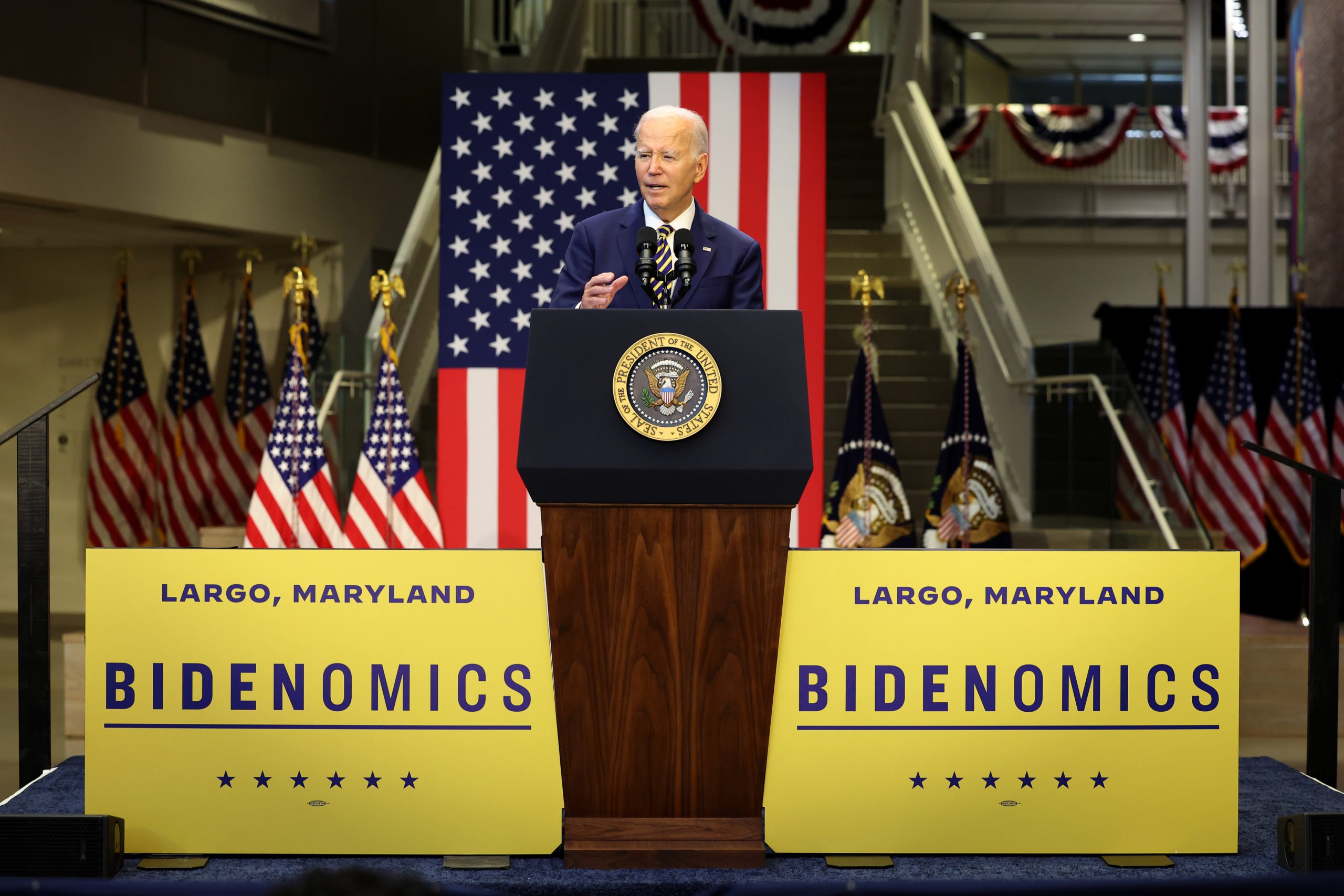 U.S. President Joe Biden delivers remarks at Prince George's Community College on September 14, 2023 in Largo, Maryland. Biden spoke on his economic plan, "Bidenomics," outlining his plan to create jobs, reduce inflation and increase wages while comparing it to the Republican's plan that he says will hurt the middle class and cut the social safety net. (Photo by Kevin Dietsch/Getty Images)