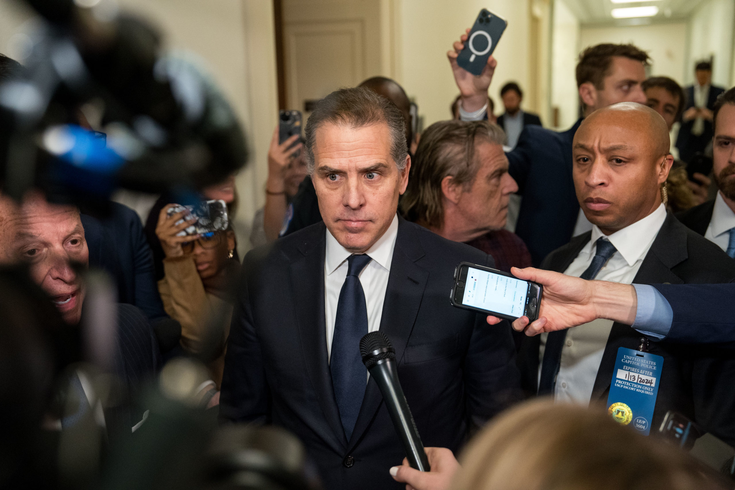 Hunter Biden, son of U.S. President Joe Biden, departs a House Oversight Committee meeting at Capitol Hill on January 10, 2024 in Washington, DC. The committee is meeting today as it considers citing him for Contempt of Congress. (Photo by Kent Nishimura/Getty Images)