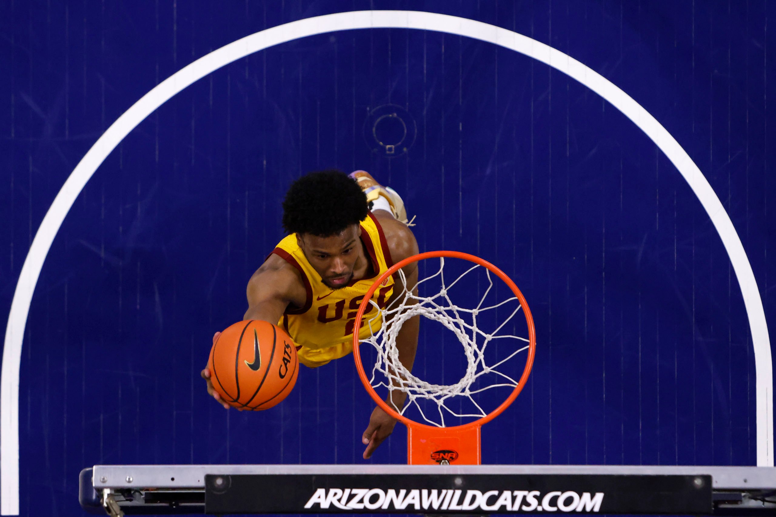 TUCSON, ARIZONA - JANUARY 17: Bronny James #6 of the USC Trojans attempts a layup during the first half against the Arizona Wildcats at McKale Center on January 17, 2024 in Tucson, Arizona. Chris Coduto/Getty Images