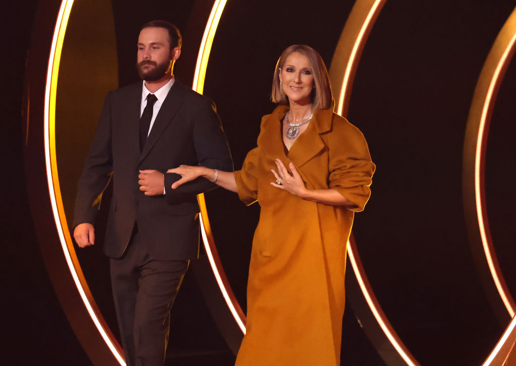 LOS ANGELES, CALIFORNIA - FEBRUARY 04: (FOR EDITORIAL USE ONLY) Rene-Charles Angelil and Celine Dion appear onstage during the 66th GRAMMY Awards at Crypto.com Arena on February 04, 2024 in Los Angeles, California. (Photo by Amy Sussman/Getty Images)