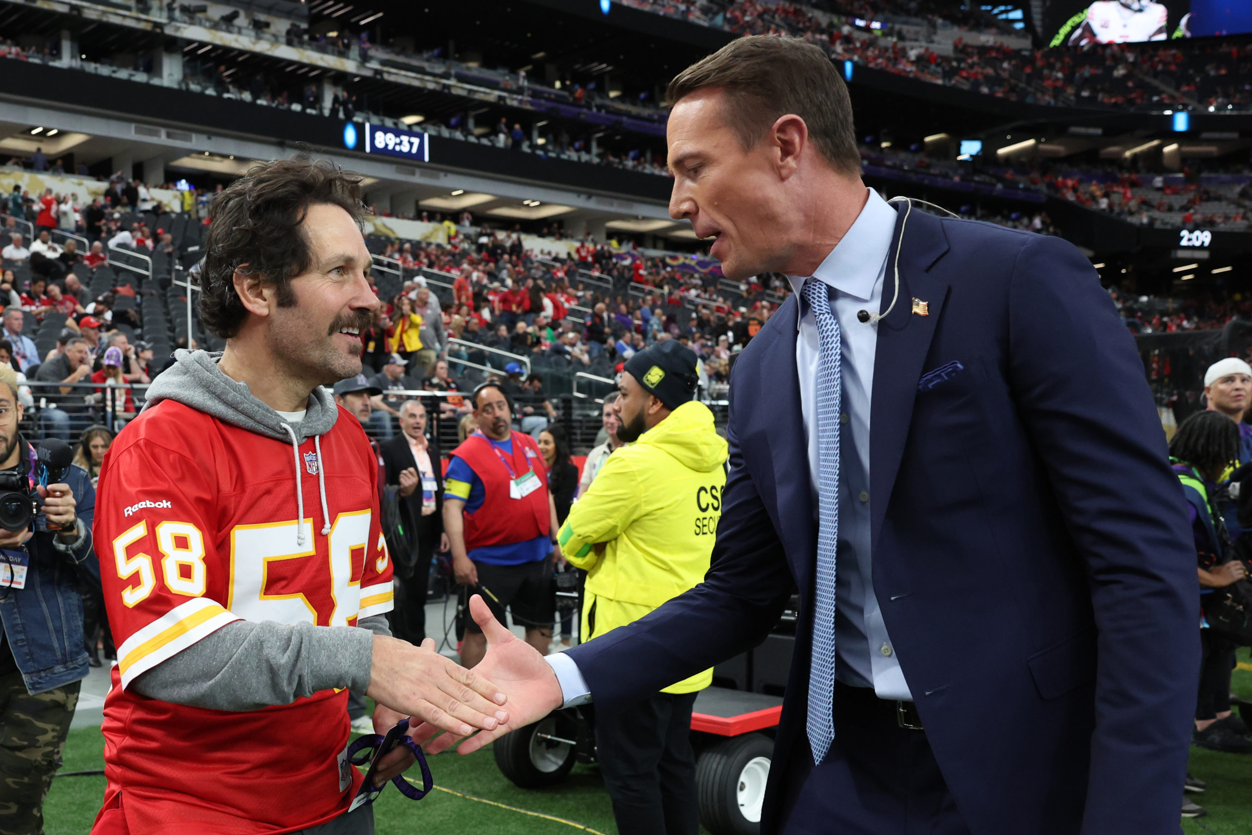 LAS VEGAS, NEVADA - FEBRUARY 11: Paul Rudd shakes hands with Matt Ryan before Super Bowl LVIII between the Kansas City Chiefs and the San Francisco 49ers at Allegiant Stadium on February 11, 2024 in Las Vegas, Nevada. Jamie Squire/Getty Images
