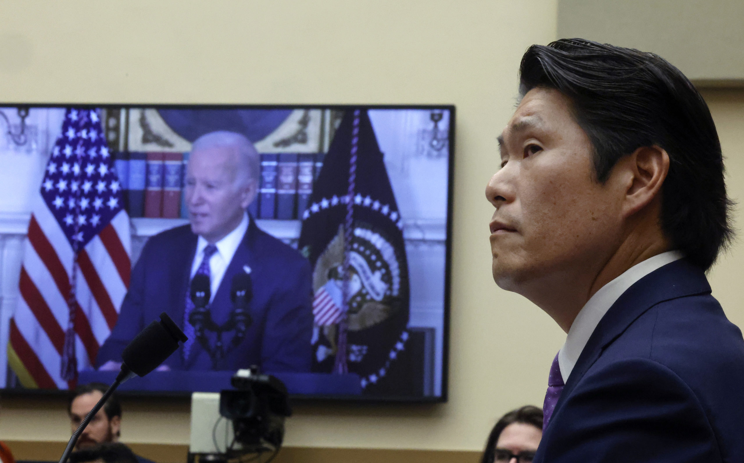  Former Special Counsel Robert K. Hur testifies alongside a video of President Joe Biden before the House Judiciary Committee on March 12, 2024 in Washington, DC. Hur investigated U.S. President Joe Biden’s mishandling of classified documents and published a final report with contentious conclusions about Biden’s memory. (Photo by Chip Somodevilla/Getty Images)