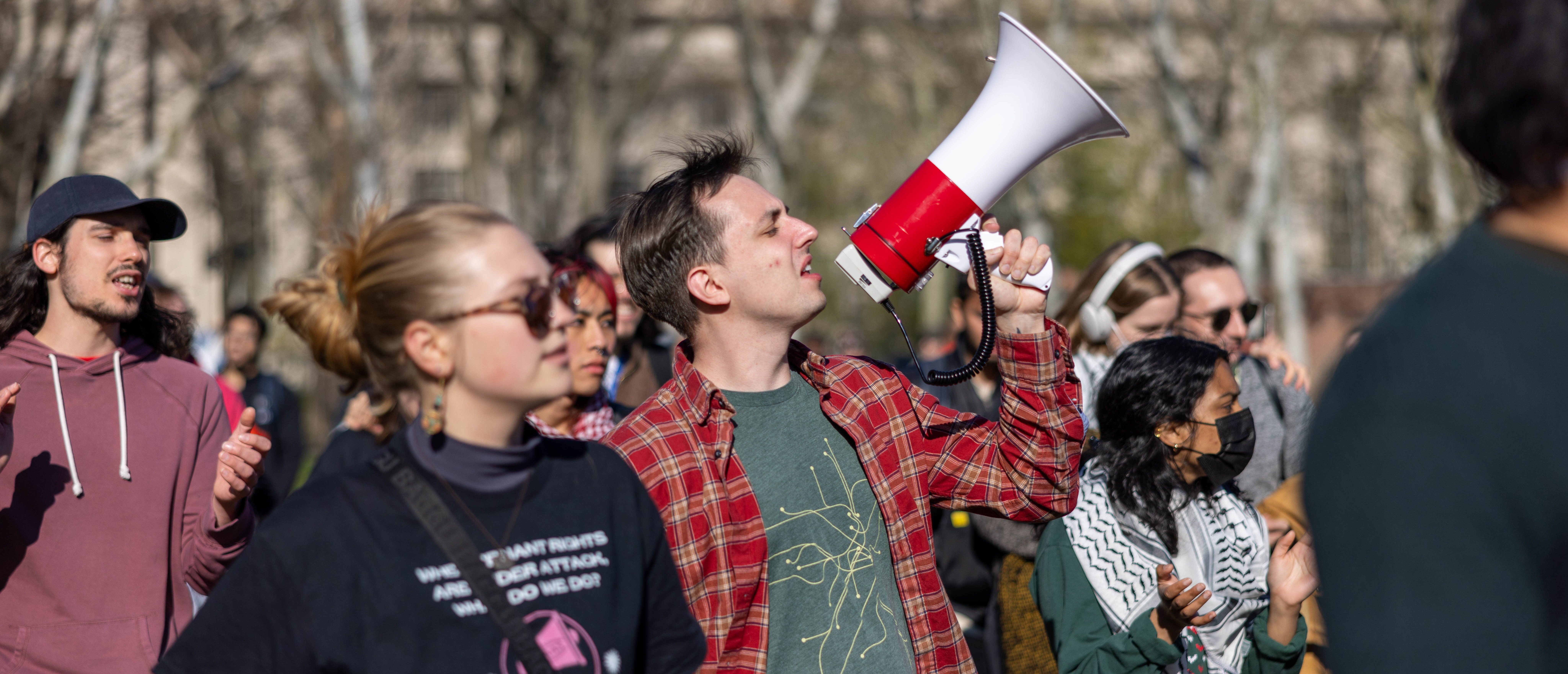 Students from Massachusetts of Technology, Harvard University and others rally at a protest encampment by The Scientists Against Genocide on Massachusetts Institute of Technology's Kresge Lawn on April 22, 2024 in Cambridge, Massachusetts. (Eisen/Getty Images)