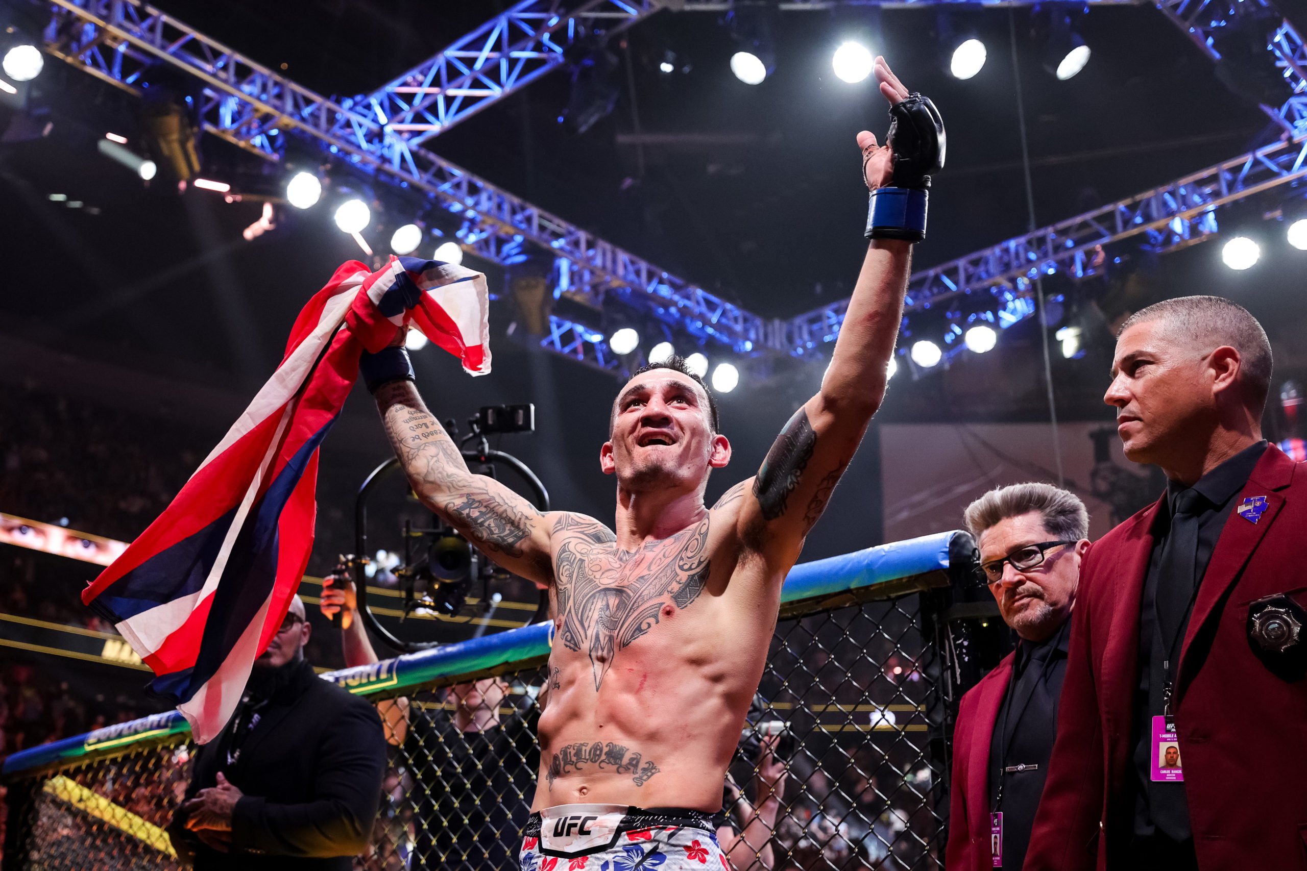 LAS VEGAS, NEVADA - APRIL 13: Max Holloway reacts to defeating Justin Gaethje in their BMF title fight at T-Mobile Arena on April 13, 2024 in Las Vegas, Nevada. Carmen Mandato/Getty Images