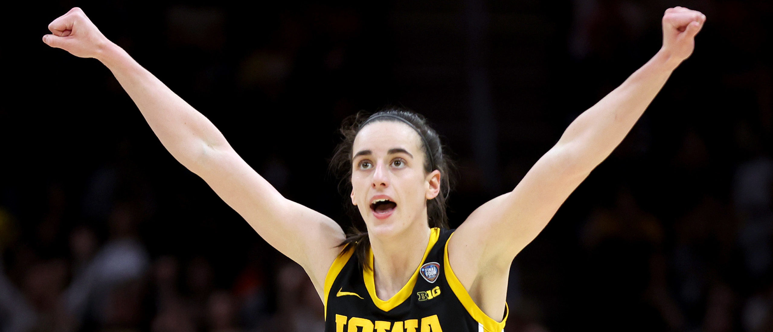 CLEVELAND, OHIO - APRIL 07: Caitlin Clark #22 of the Iowa Hawkeyes reacts in the second half during the 2024 NCAA Women's Basketball Tournament National Championship game against the South Carolina Gamecocks at Rocket Mortgage FieldHouse on April 07, 2024 in Cleveland, Ohio. Steph Chambers/Getty Images