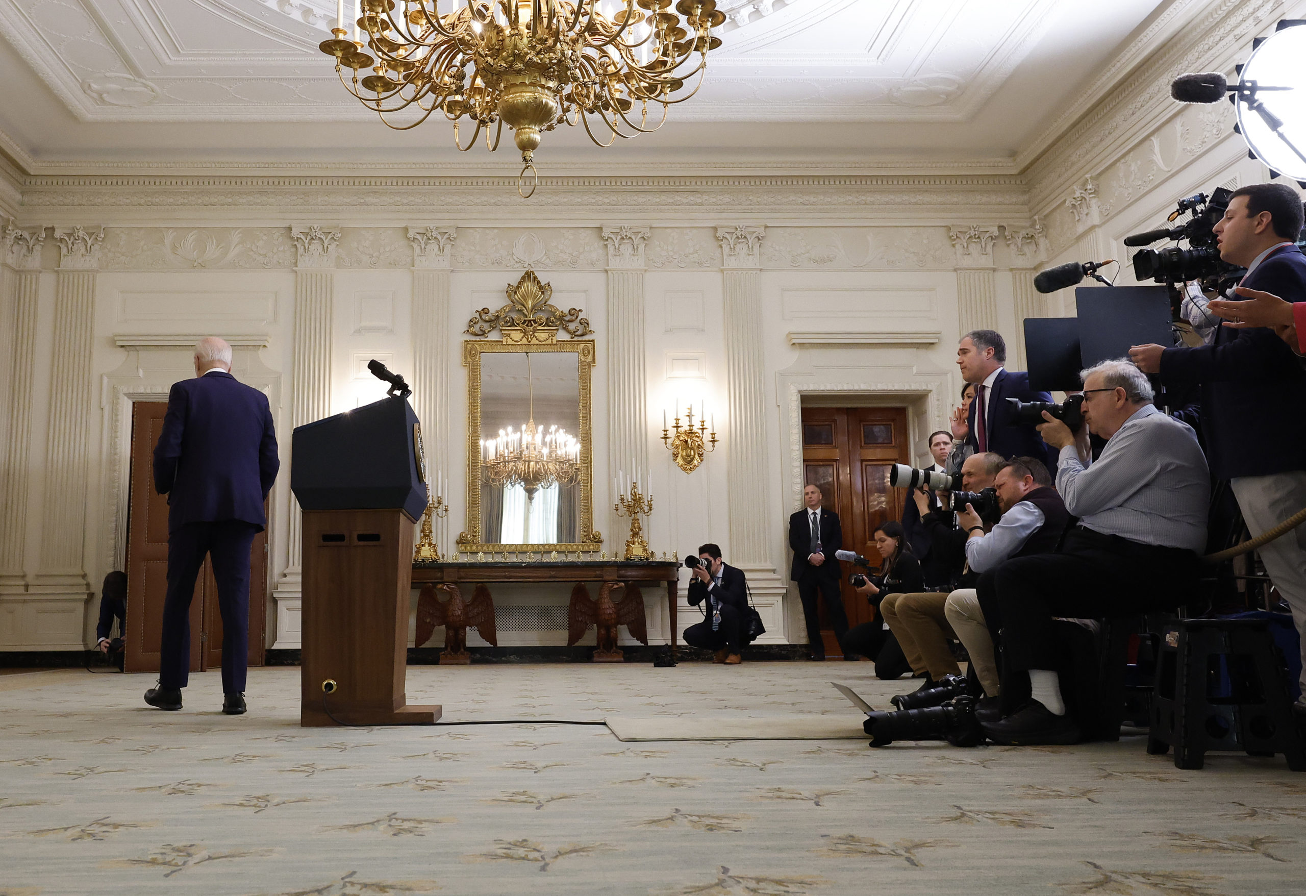 U.S. President Joe Biden walks away from reporters after delivering remarks about $95 billion in aid to Ukraine, Israel and Taiwan in the State Dining Room at the White House on April 24, 2024 in Washington, DC. The legislation was months in the making and put Speaker of the House Mike Johnson (R-LA) in a vulnerable position with hardline conservatives in his own party who oppose funding for Ukraine’s defense against Russian invasion. (Photo by Chip Somodevilla/Getty Images)