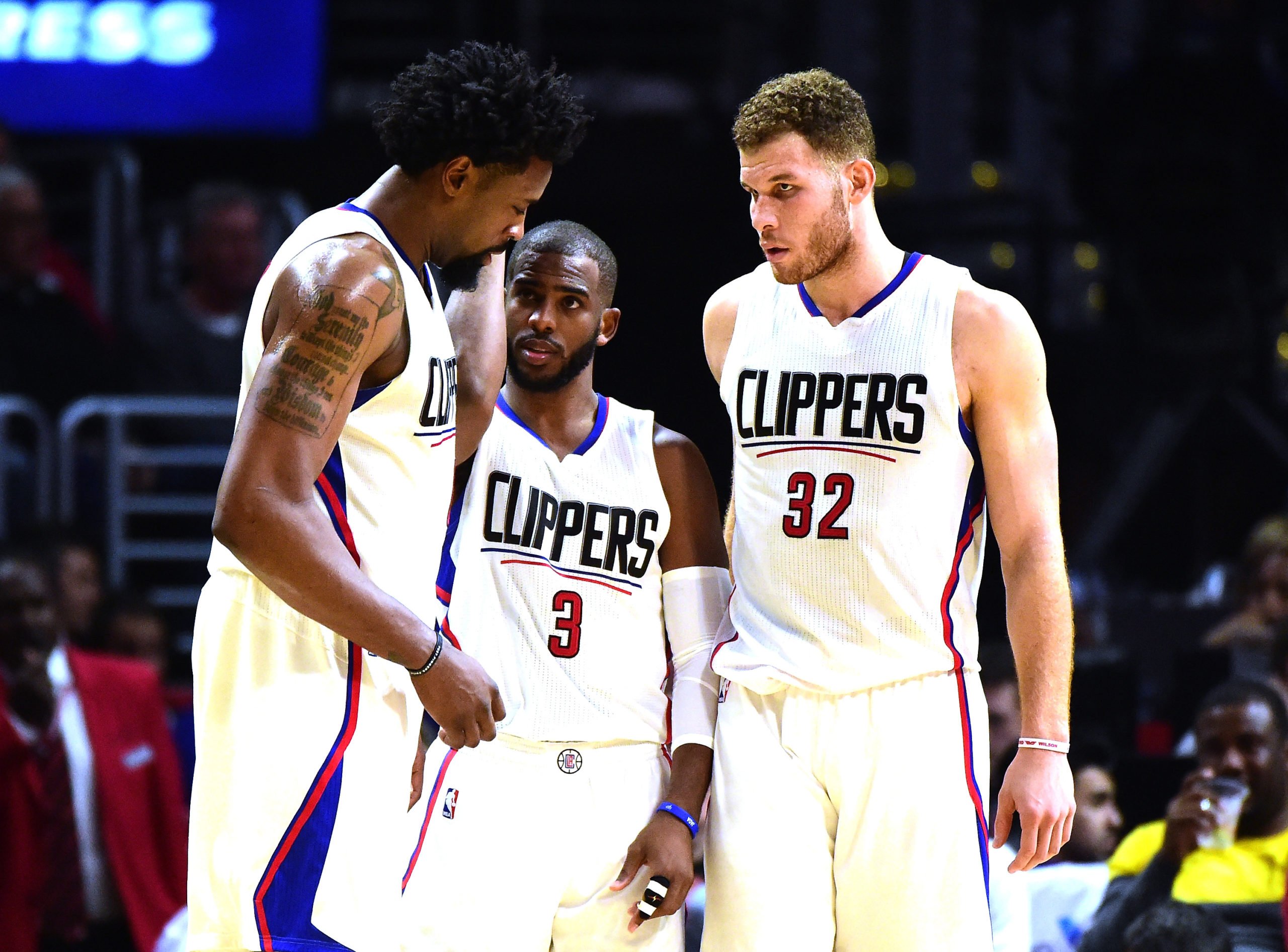 LOS ANGELES, CA - DECEMBER 21: DeAndre Jordan #6, Chris Paul #3 and Blake Griffin #32 of the Los Angeles Clippers gather during the game against the Oklahoma City Thunder at Staples Center on December 21, 2015 in Los Angeles, California. Harry How/Getty Images