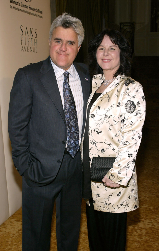BEVERLY HILLS, CA - MARCH 1: Television personality Jay Leno and wife Mavis Nicholson arrive at Saks Fifth Avenue's Unforgettable Evening honoring Lance Armstrong at the Beverly Regent Wilshire Hotel on March 1, 2005 in Beverly Hills, California. (Photo by Michael Buckner/Getty Images)